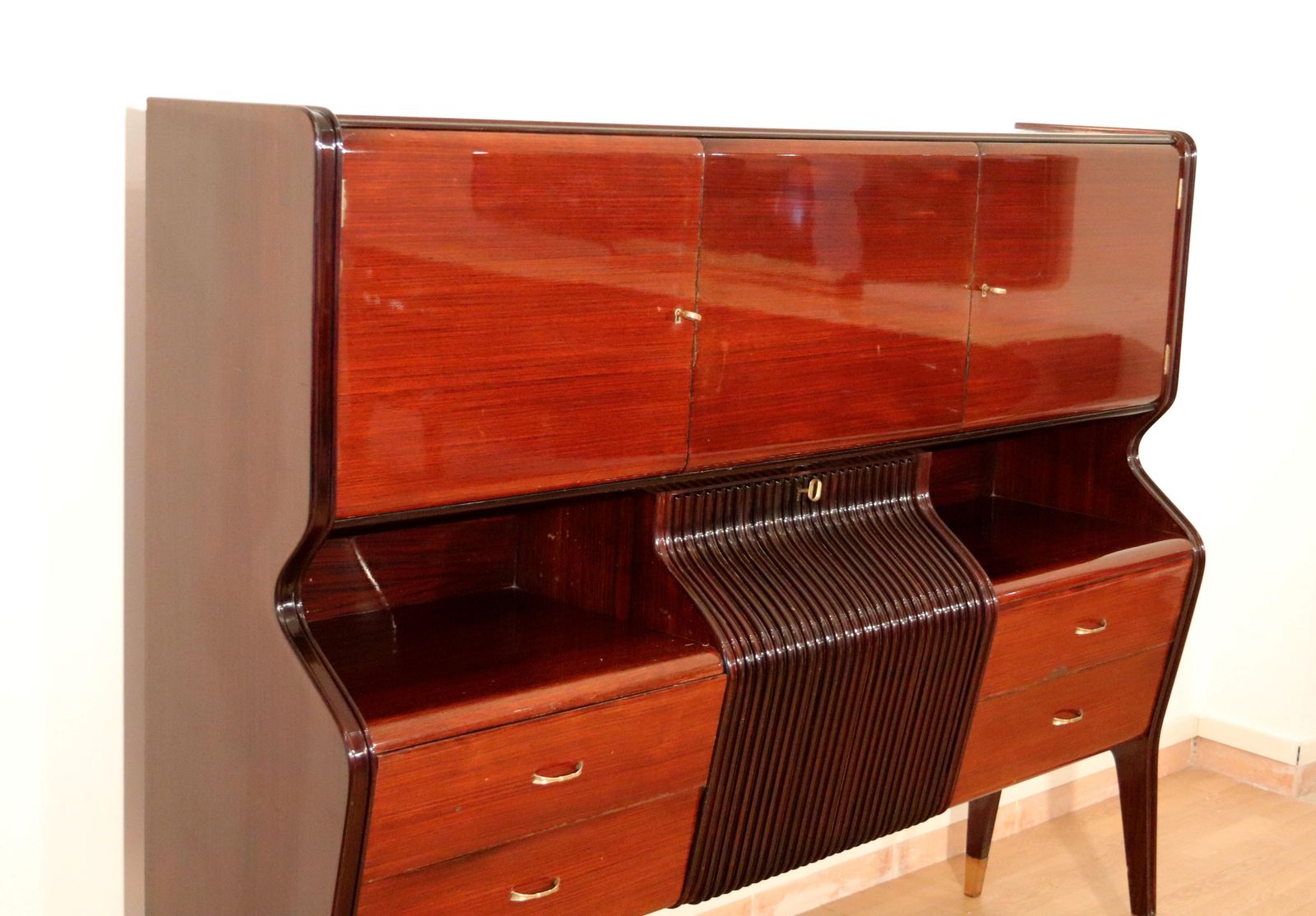 Mid Century Sideboard By Osvaldo Borsani, Mahogany Rosewood Maple, Italy 1950s photo vintage