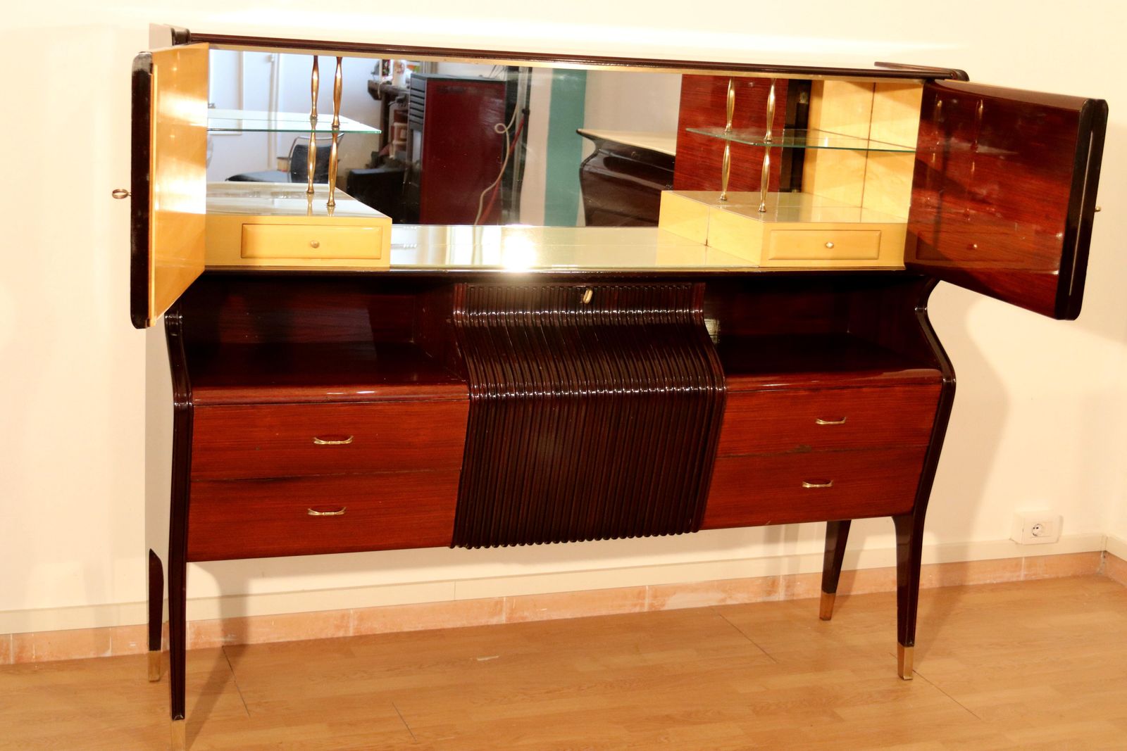 Furniture Mid Century Sideboard By Osvaldo Borsani, Mahogany Rosewood Maple, Italy 1950s photo