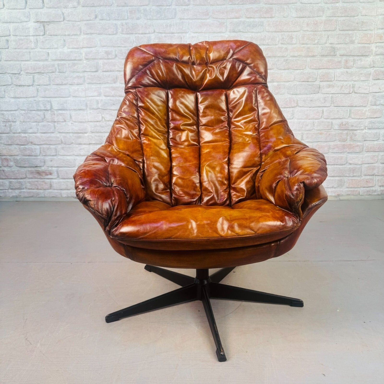 Vintage Danish H.W. Klein Egg Chair By Bramin Tan Leather Swivel Mid Century photo for sale