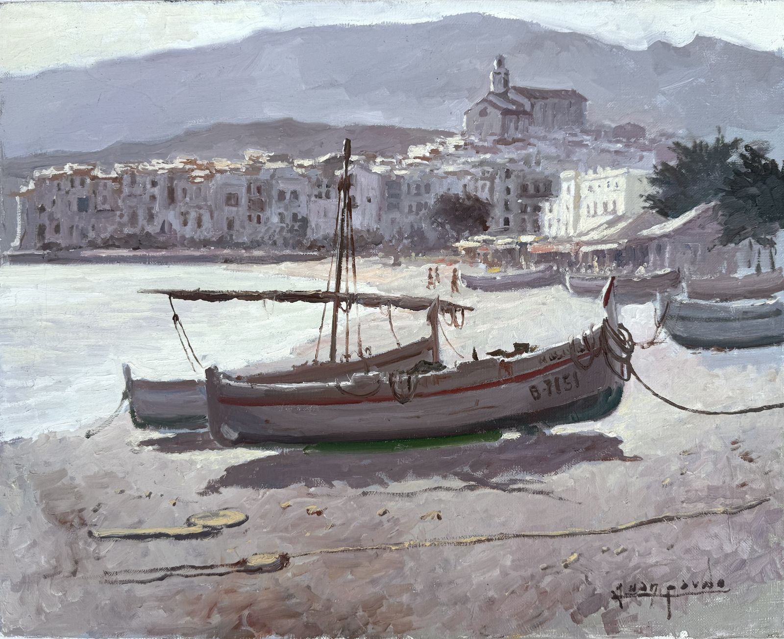 Juan Pardo Forteza Cadaqués Havenkerk Catalonië Middellandse Zee Vissersboot Olieverfschilderij Spaans Kustlandschap Jaren 1960