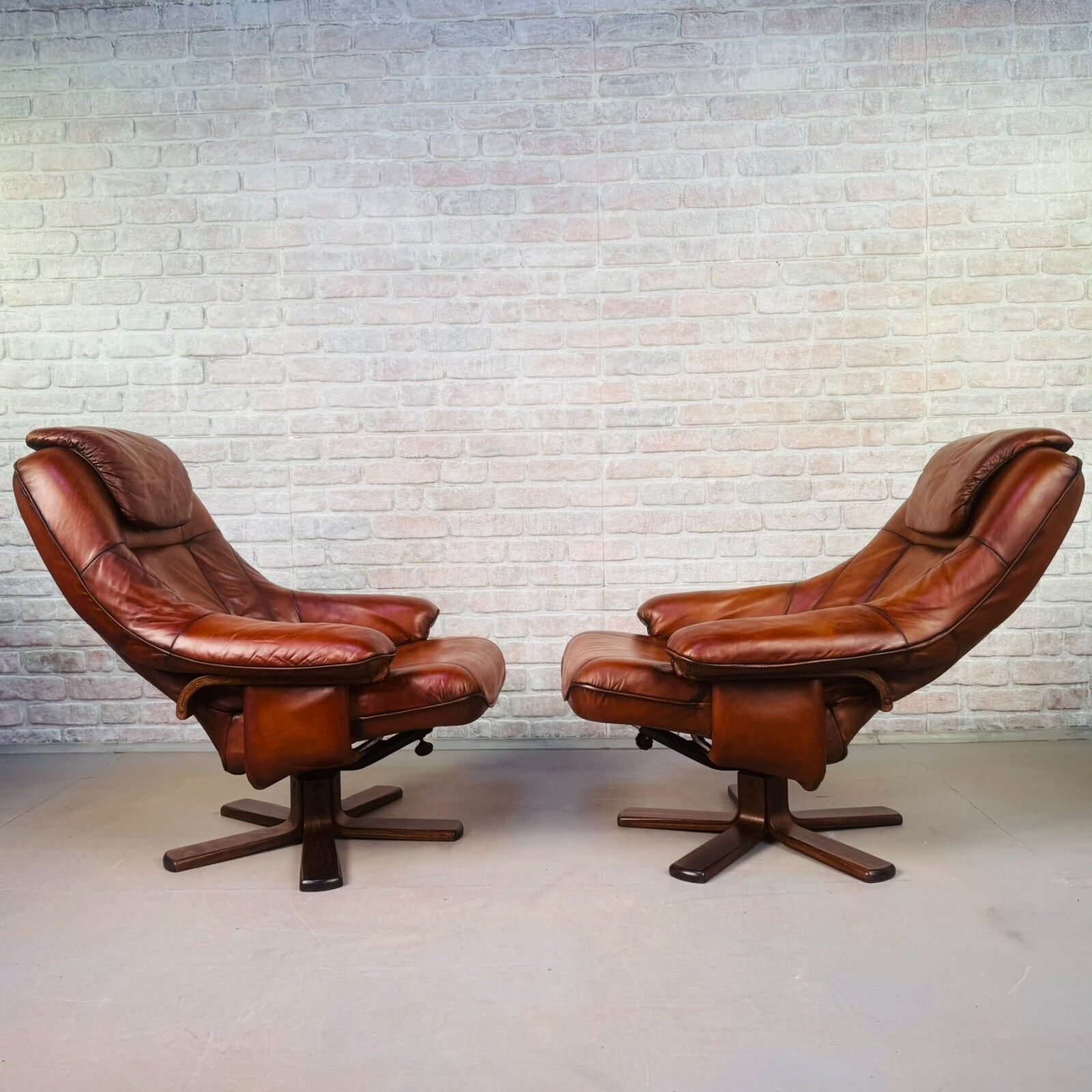 Pair Vintage Danish Tan Leather Reclining Swivel Chairs Mid Century Lounge Chair photo buy