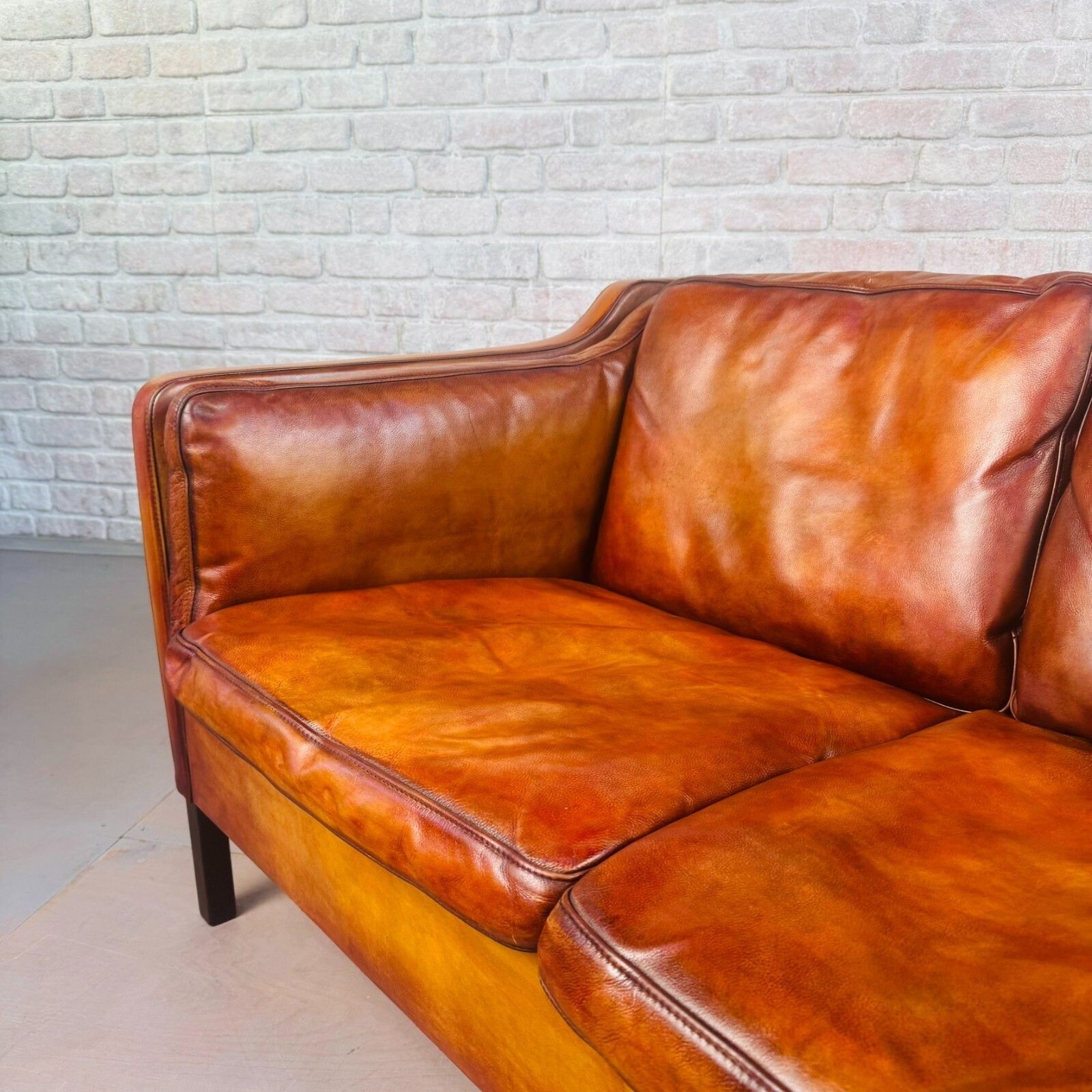 photo for sale Vintage Danish Tan Leather Two Seater Sofa 1970s Mid Century Hand Dyed