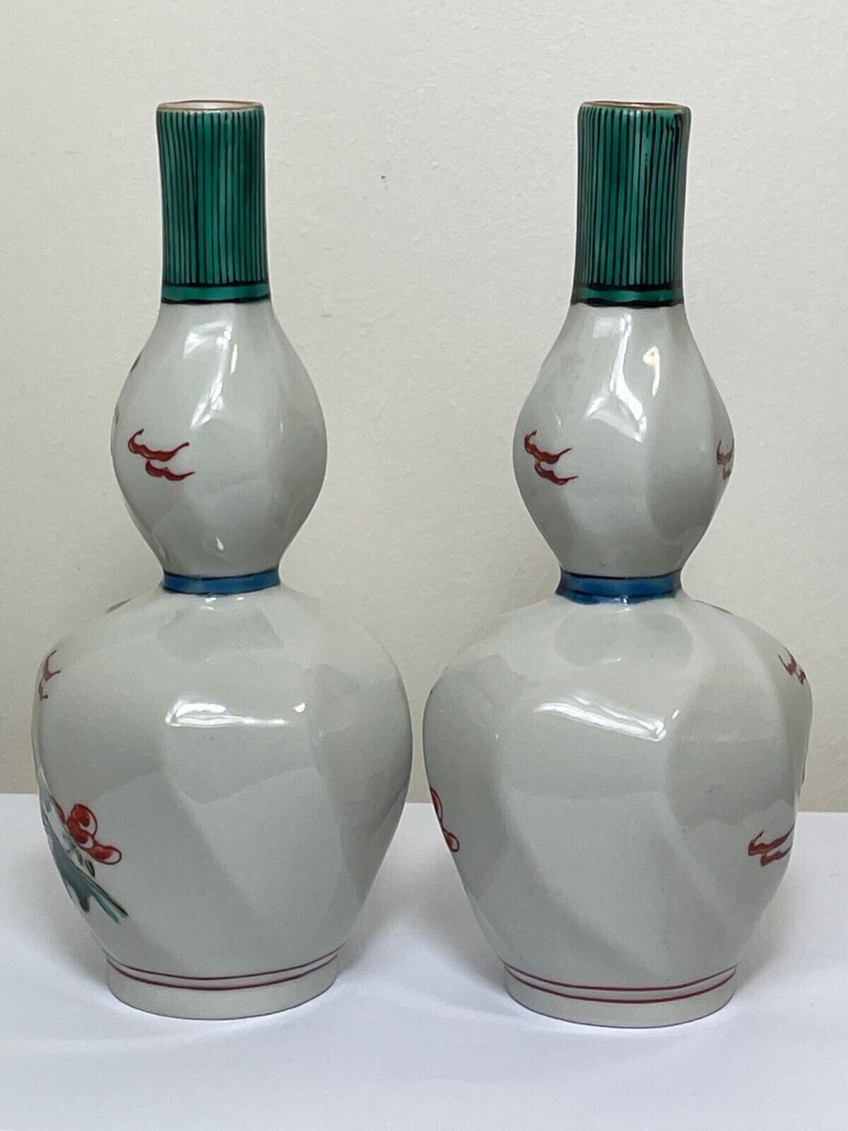 Home Decor Pair Of Antique Japanese Meiji Porcelain Double Gourd Vases – Hand Painted Chrysanthemum, Signed, C.1860s photo