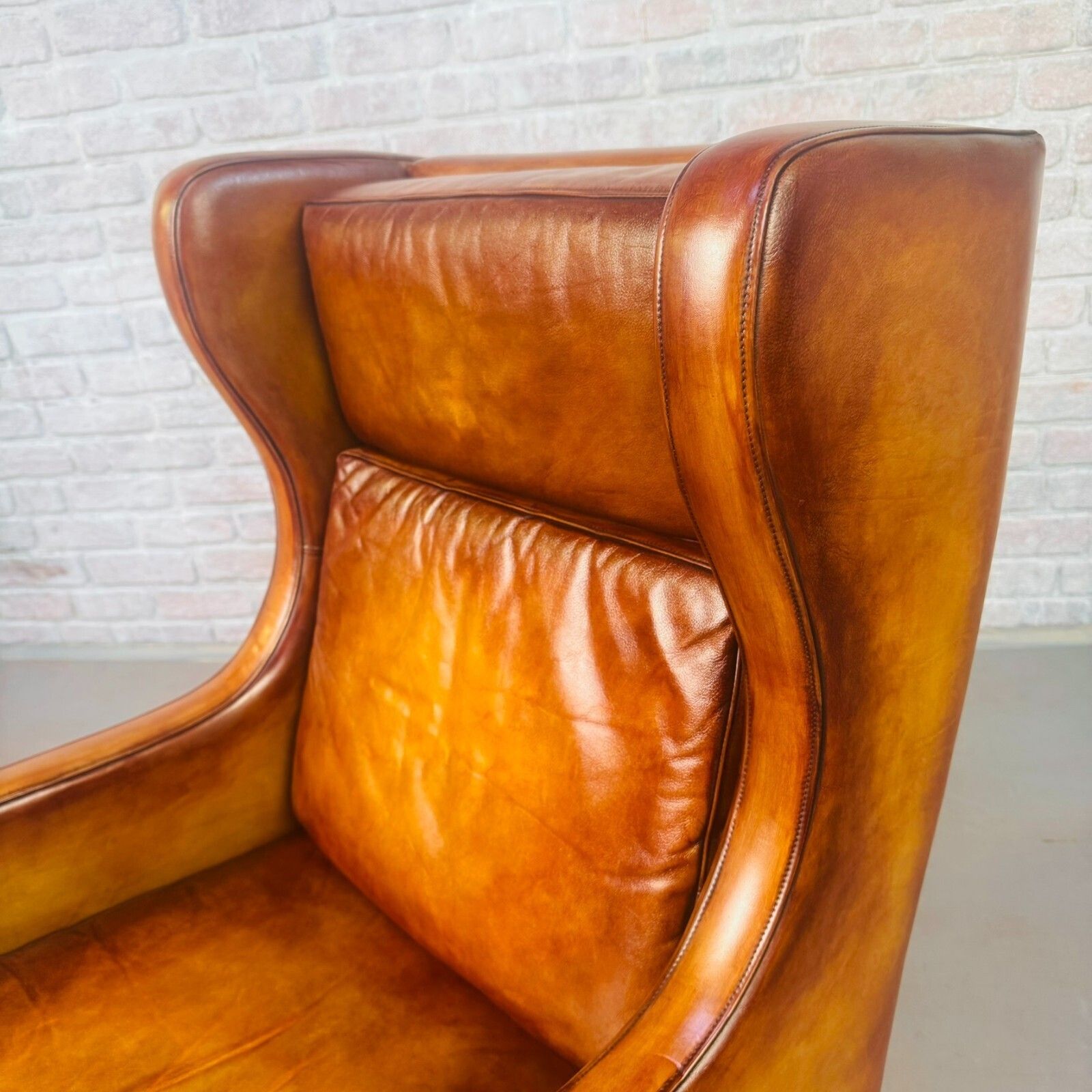 photo for sale Vintage 1970s Danish High Back Tan Leather Armchair Mid Century Lounge Chair