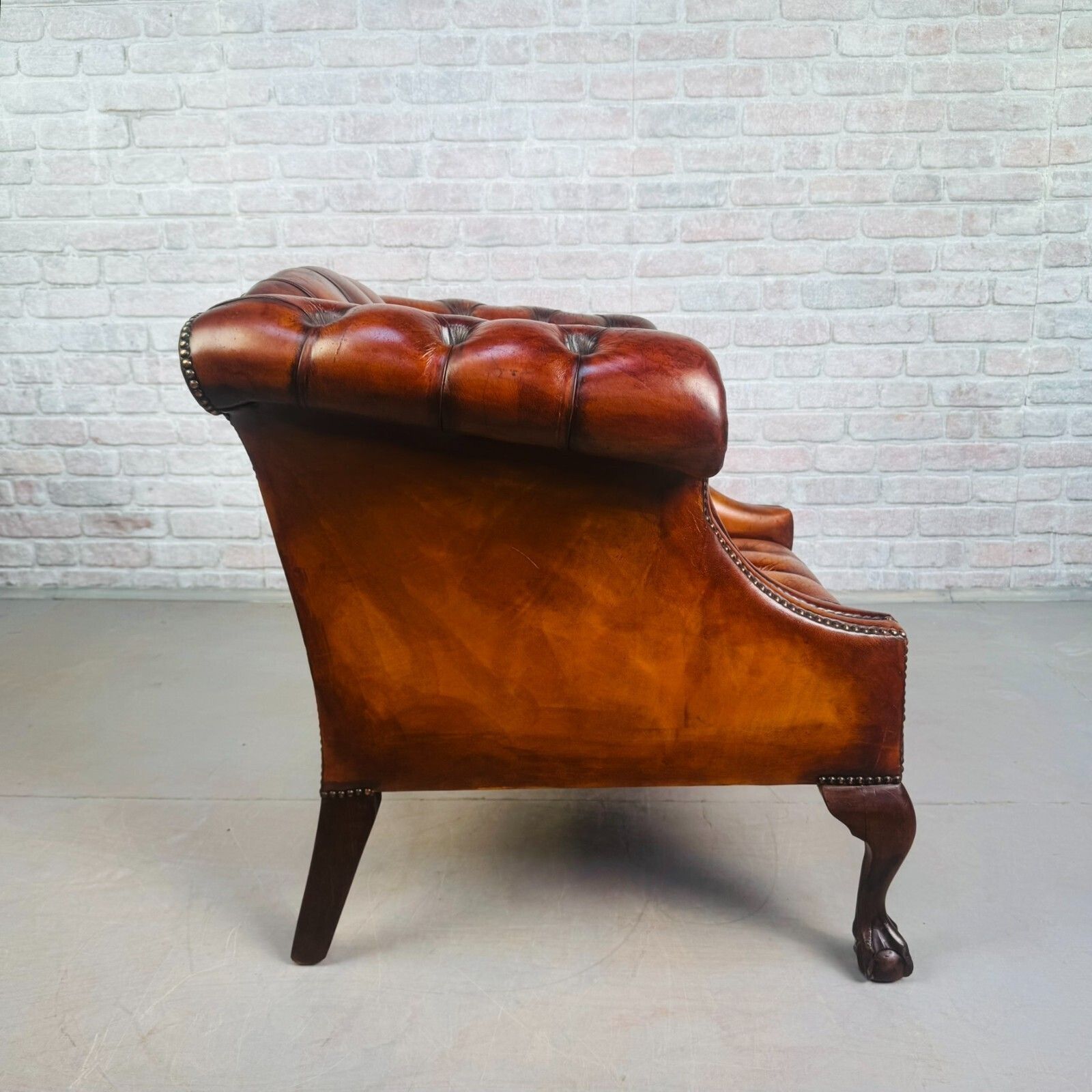Vintage English Chesterfield Tan Leather Armchair Ball & Claw Mahogany Chair photo vintage