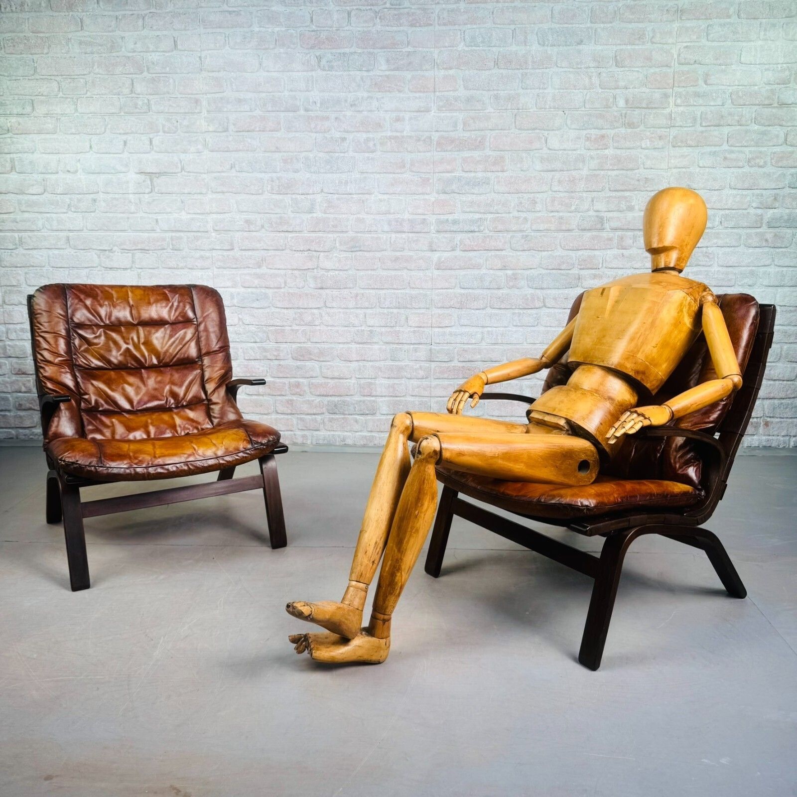 photo for sale Mid Century Danish Farstrup Mobler Tan Leather Armchairs Pair Bentwood Miljø