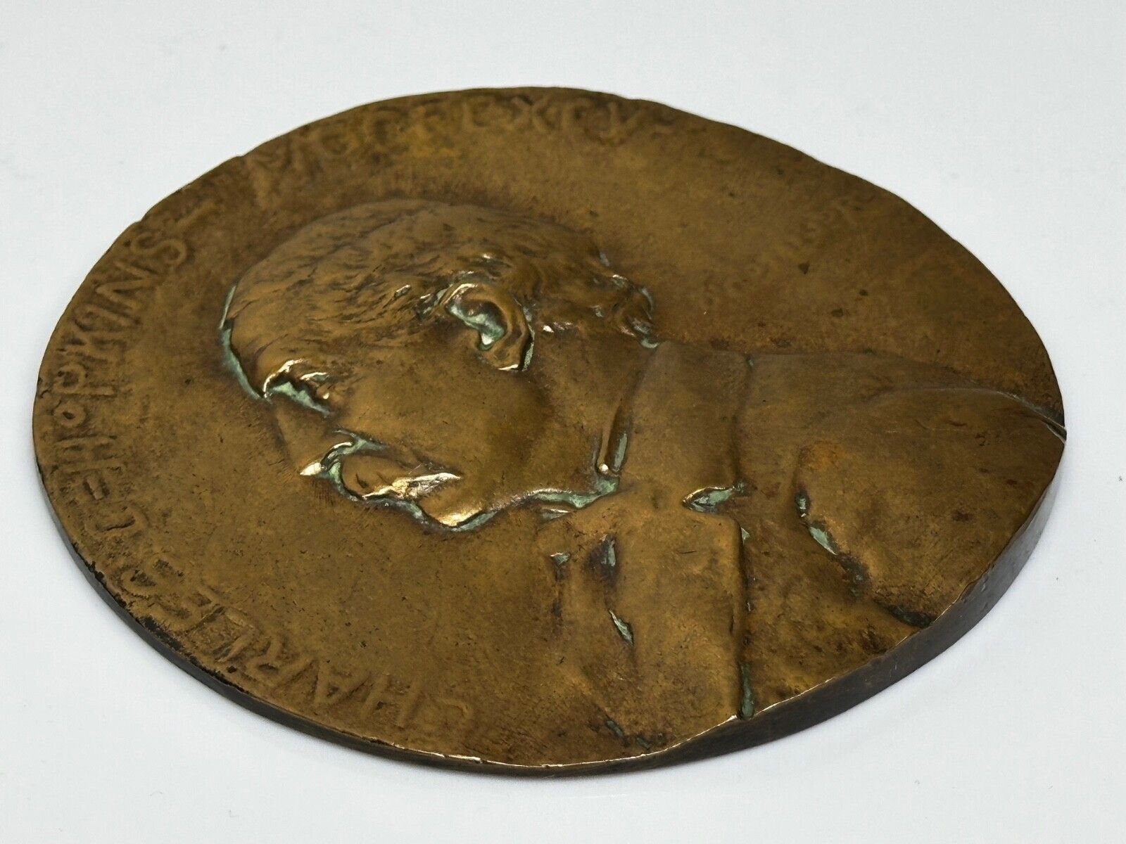 Rare Victorian 1895 English Gilt Bronze Portrait  Medallion – Charles C. Hopkins – 12cm – In The Manner Of Frampton photo vintage