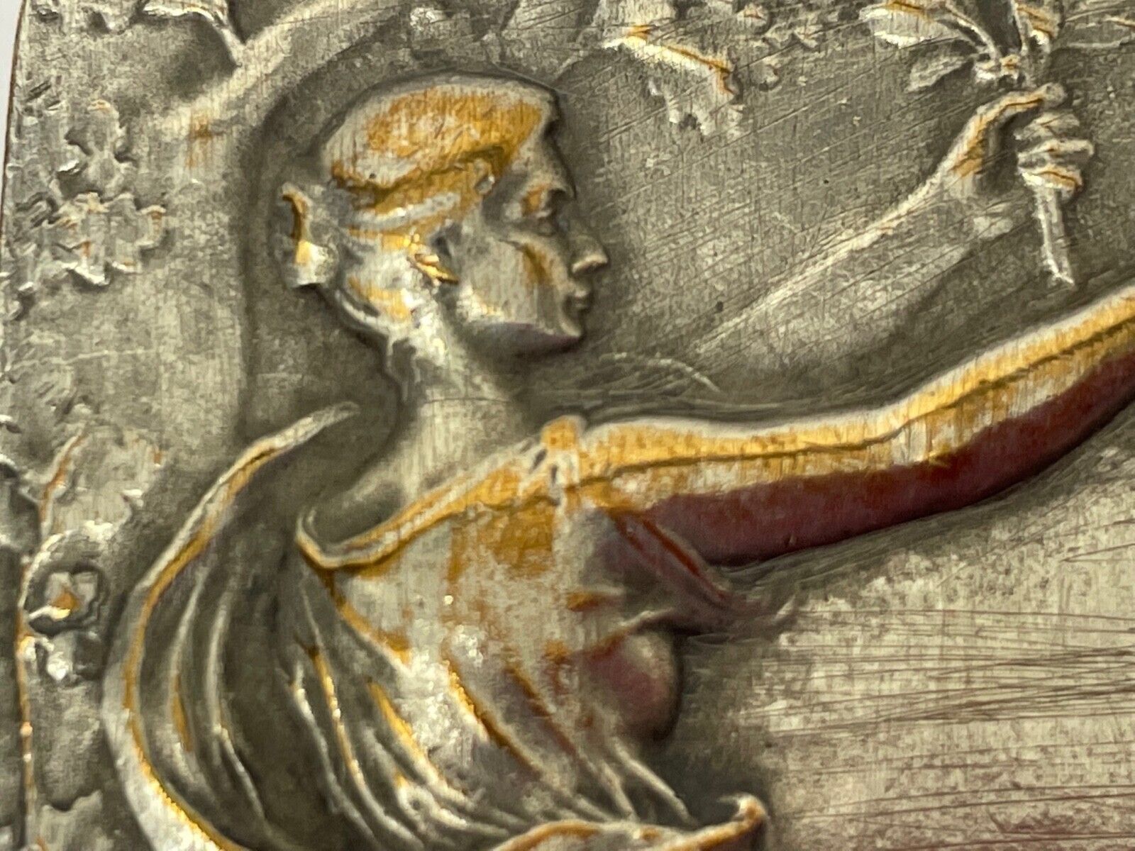 Silvered Bronze Plaque “Gloria” – Signed Félix Rasumny – Art Nouveau – Small Decorative Medallion Overview photo 550.0