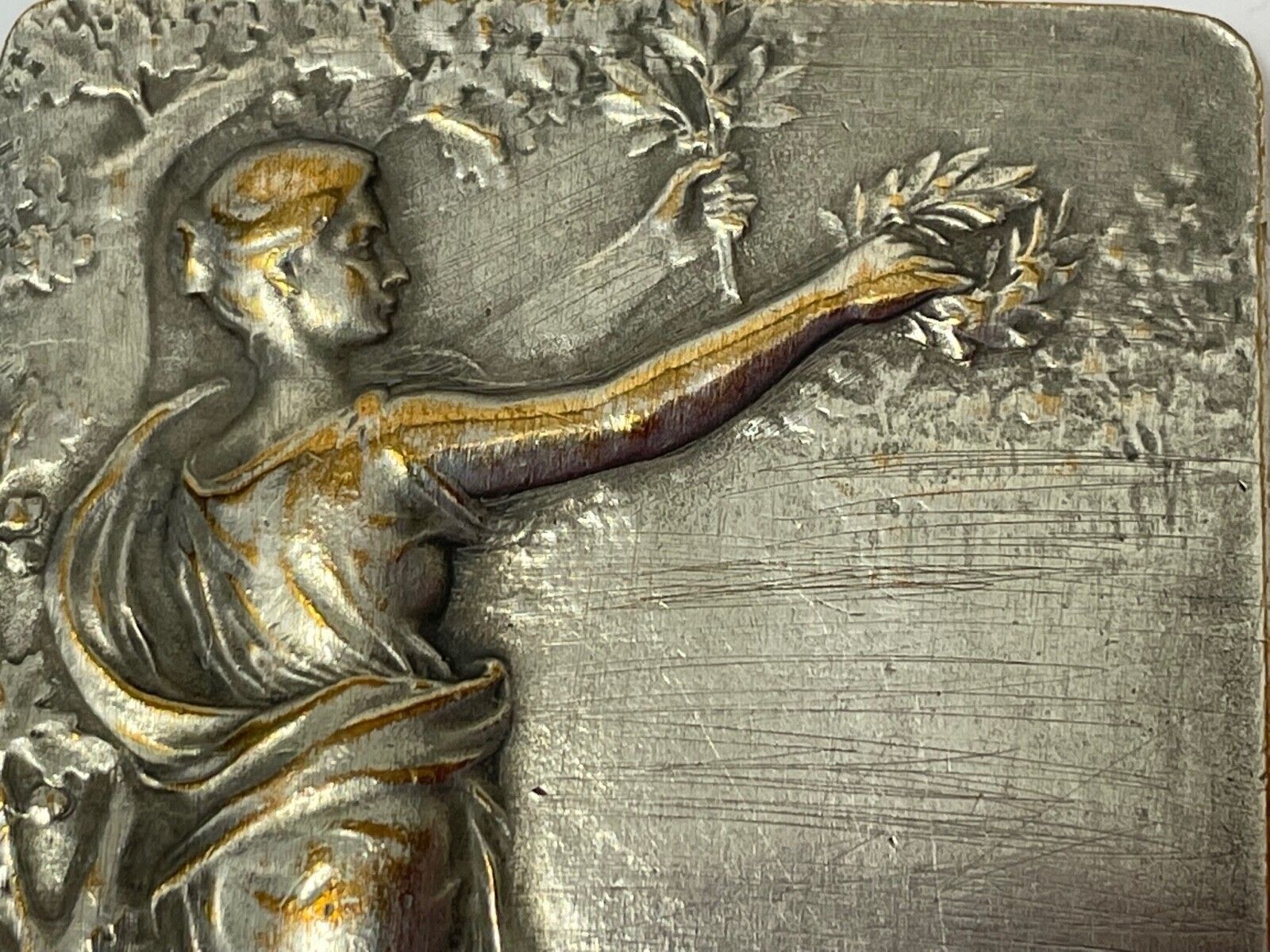 Silvered Bronze Plaque “Gloria” – Signed Félix Rasumny – Art Nouveau – Small Decorative Medallion Overview photo vinterior