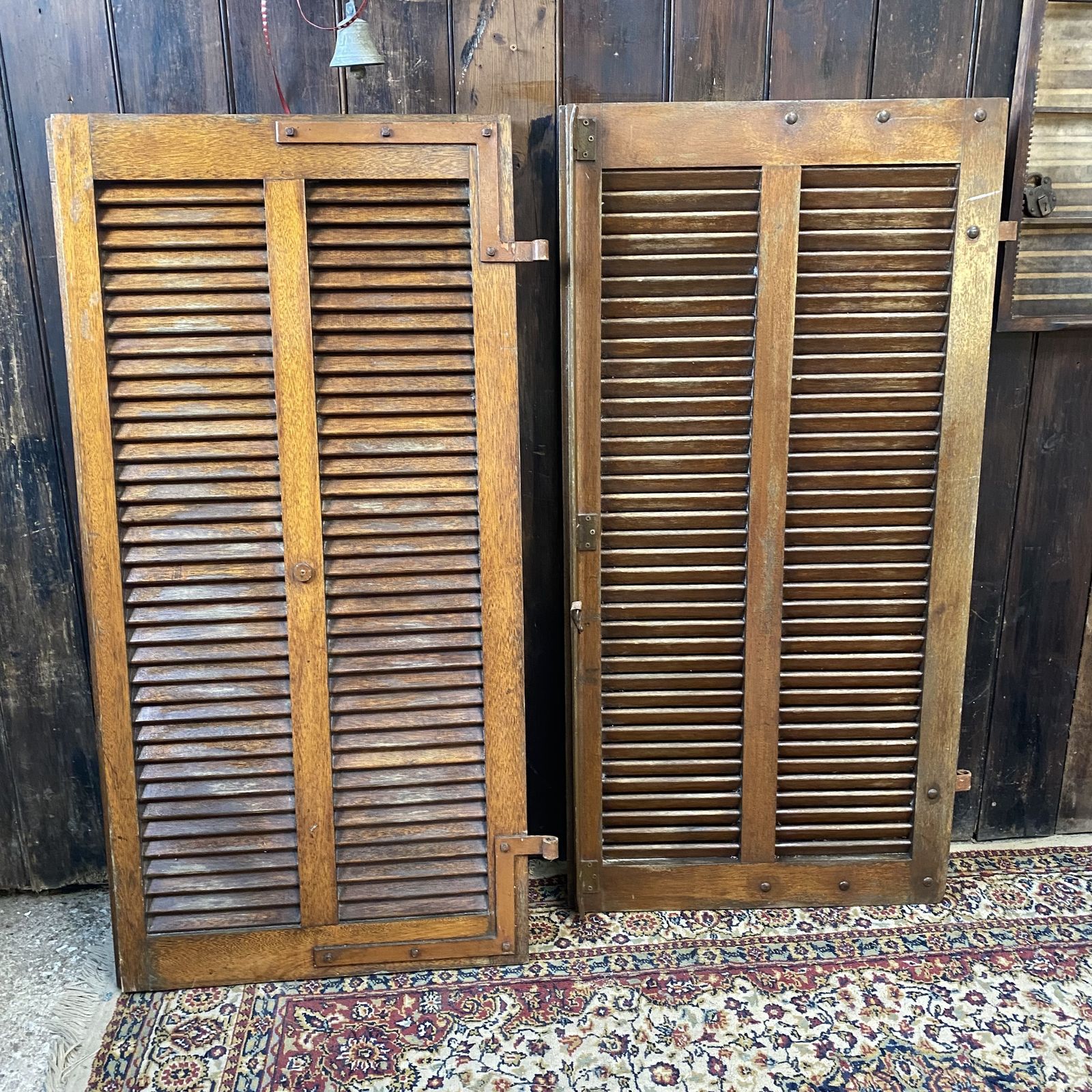 Vintage Salvaged French Chauteau Chestnut Louvre Window Shutters Two Sets Avail photo vintage