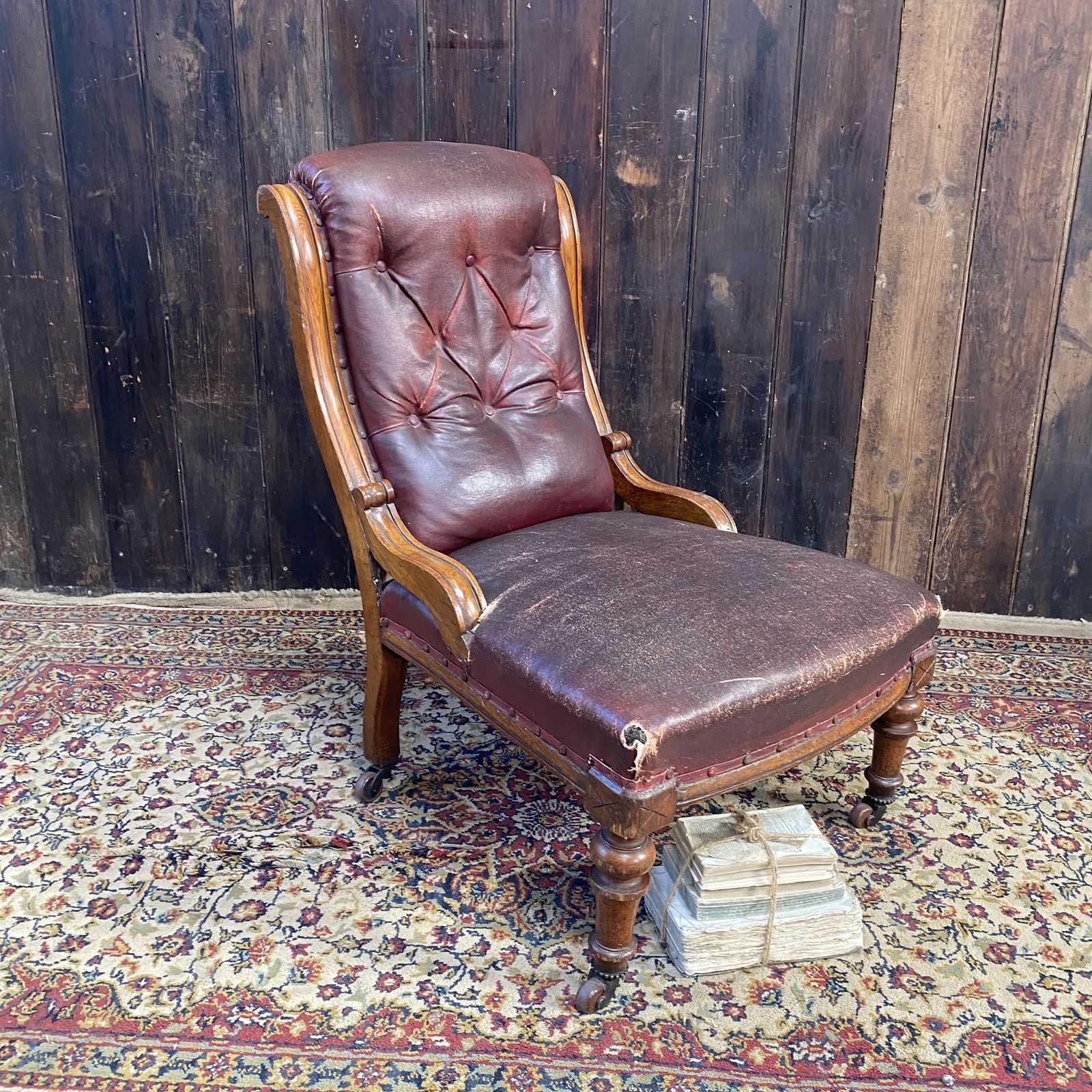 Antique Victorian Faux Leather Horseshair Fireside Reading C & C Castors Chair photo furniture