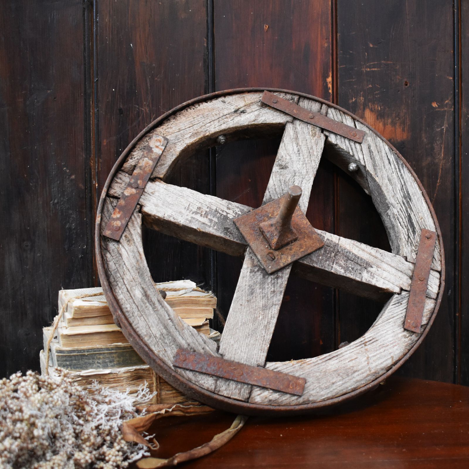 Antique Salvaged Wooden Garden Decorative Display Cart Wheel photo furniture