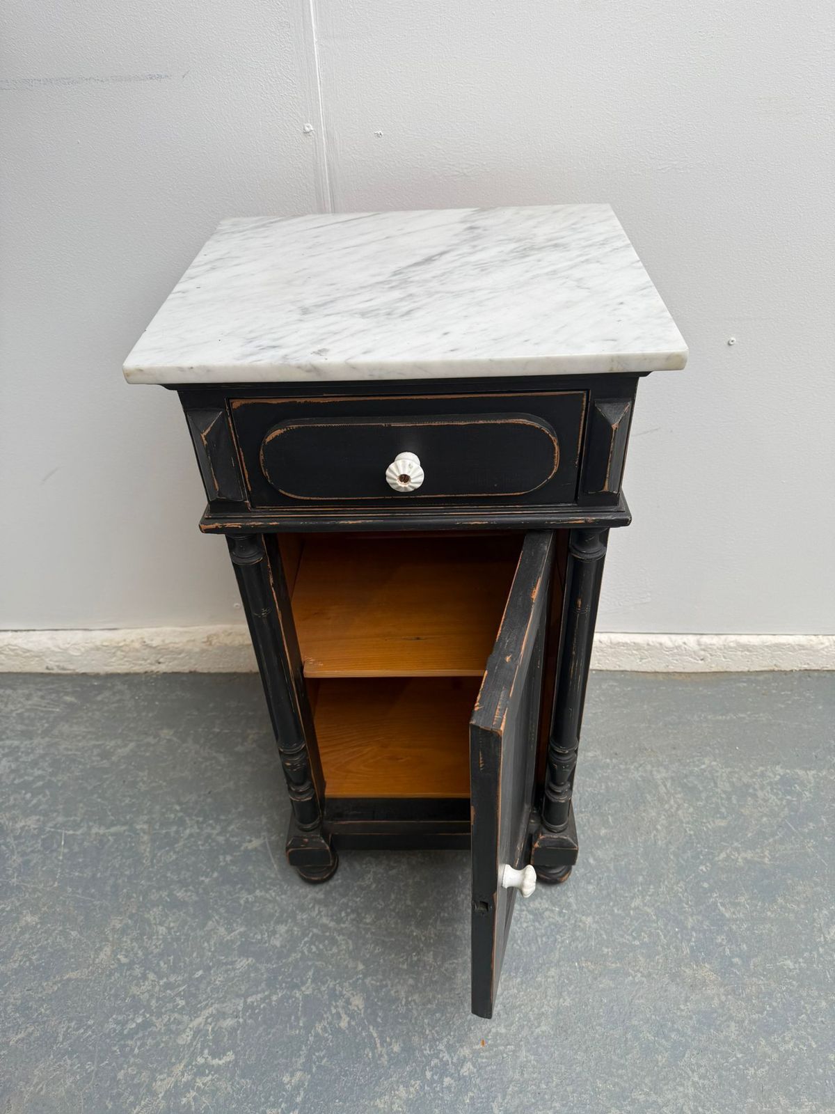 A Genuine Hungarian Pine Painted Black Marble Victorian Bedside Cabinet photo vintage