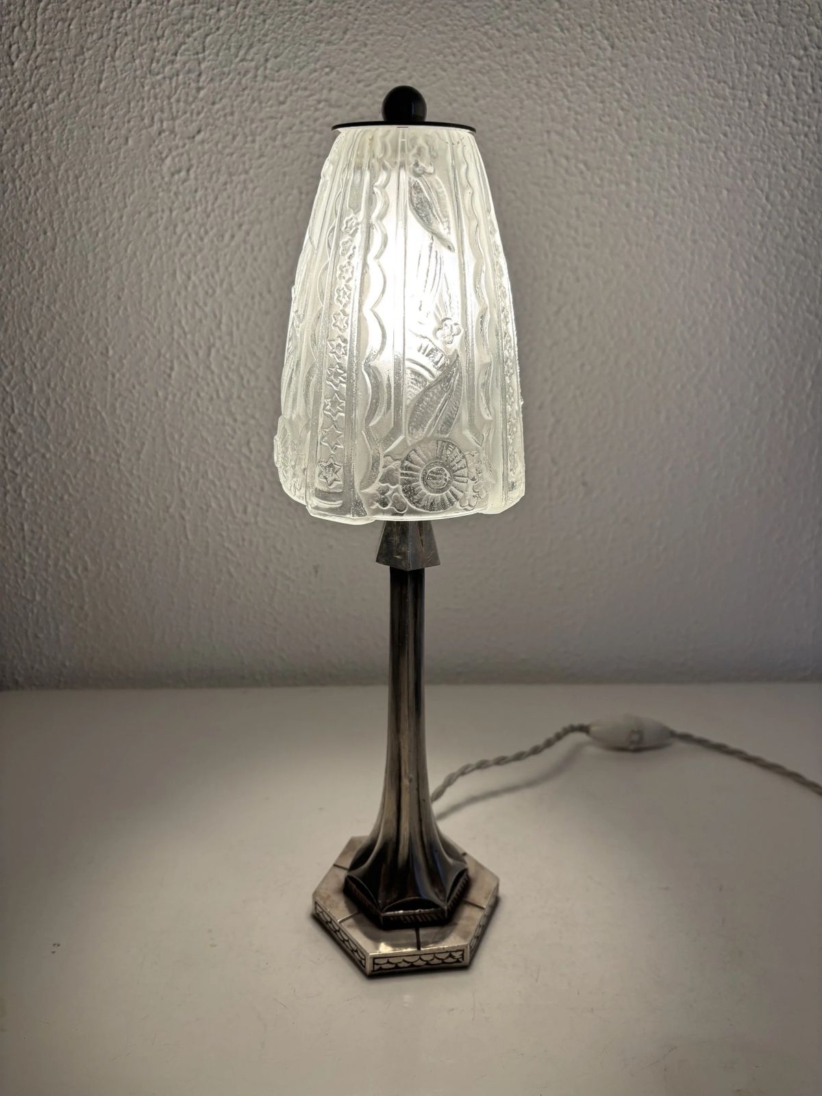 Art Deco Table Lamp, 1920s–1930s — Nickel Plated Metal Tree Trunk Base, Molded Pressed Glass Shade — France   35cm photo for sale