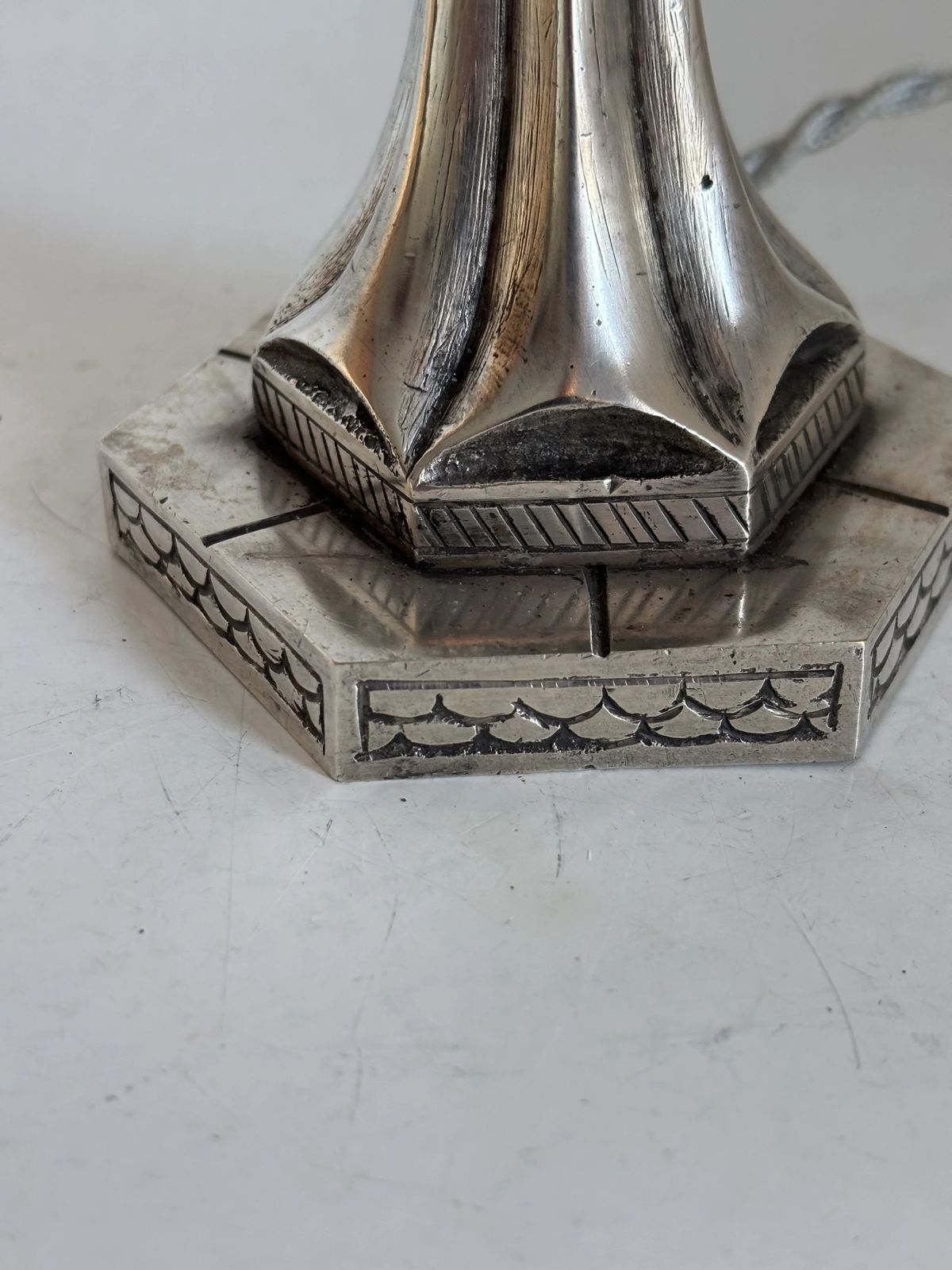 photo furniture Art Deco Table Lamp, 1920s–1930s — Nickel Plated Metal Tree Trunk Base, Molded Pressed Glass Shade — France   35cm
