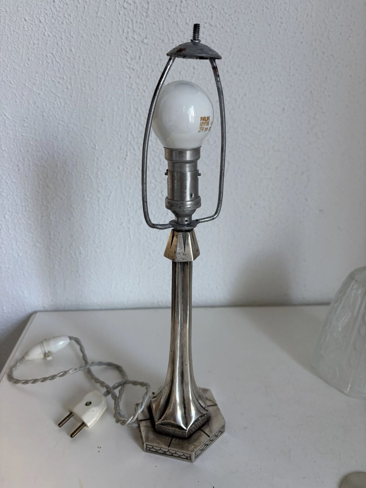 539.0 Art Deco Table Lamp, 1920s–1930s — Nickel Plated Metal Tree Trunk Base, Molded Pressed Glass Shade — France   35cm photo