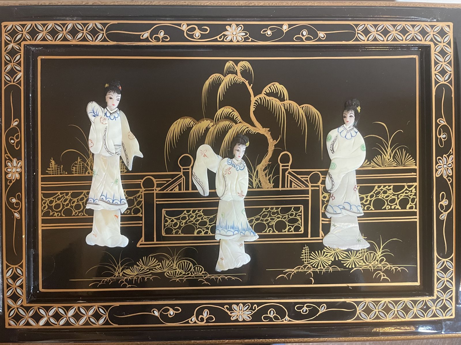 Set Of 4 Vintage Chinoiserie Nesting Tables | Black Lacquer & Mother Of Pearl Inlay photo for sale