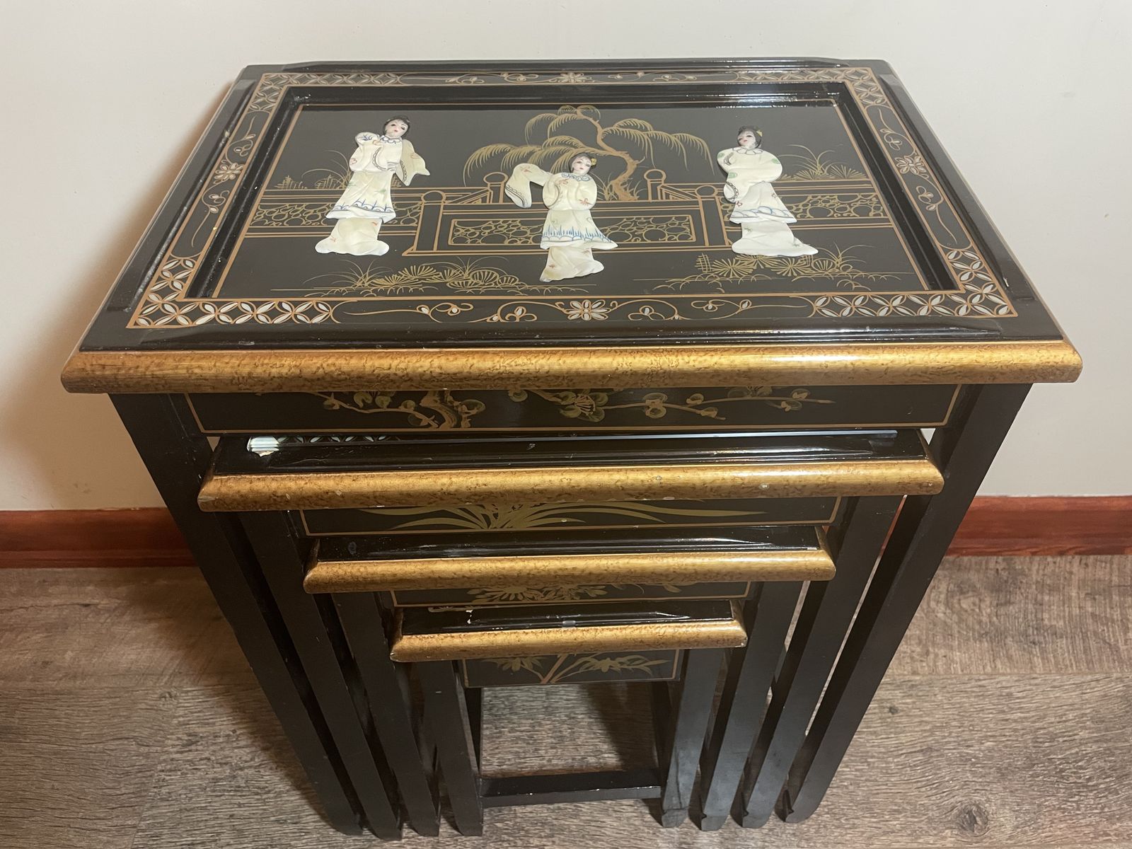 Set Of 4 Vintage Chinoiserie Nesting Tables | Black Lacquer & Mother Of Pearl Inlay photo furniture
