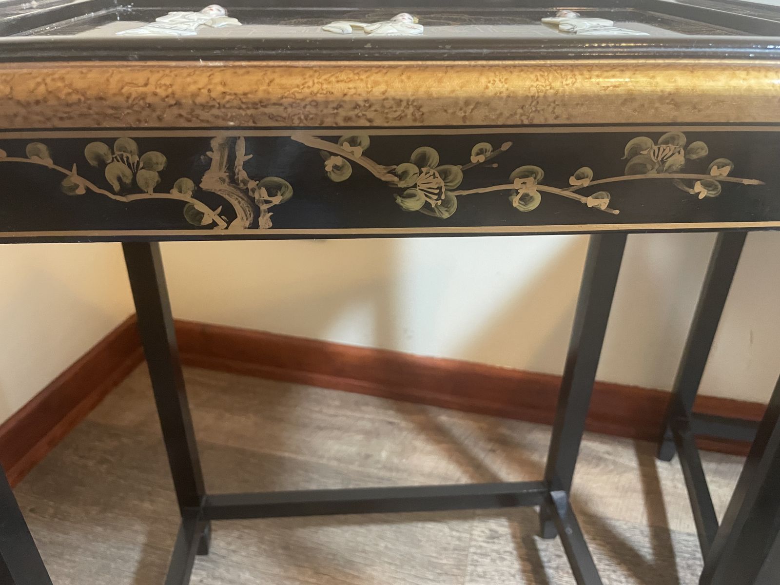 Furniture Set Of 4 Vintage Chinoiserie Nesting Tables | Black Lacquer & Mother Of Pearl Inlay photo