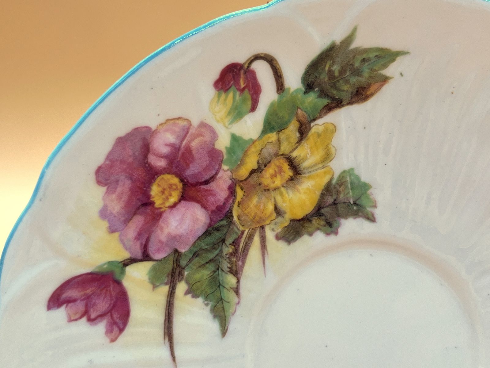 Vintage Shelley China Begonia Blue Trim Design Oleander Shape Cup And Saucer Duo. C1940. 13427. photo Home Decor