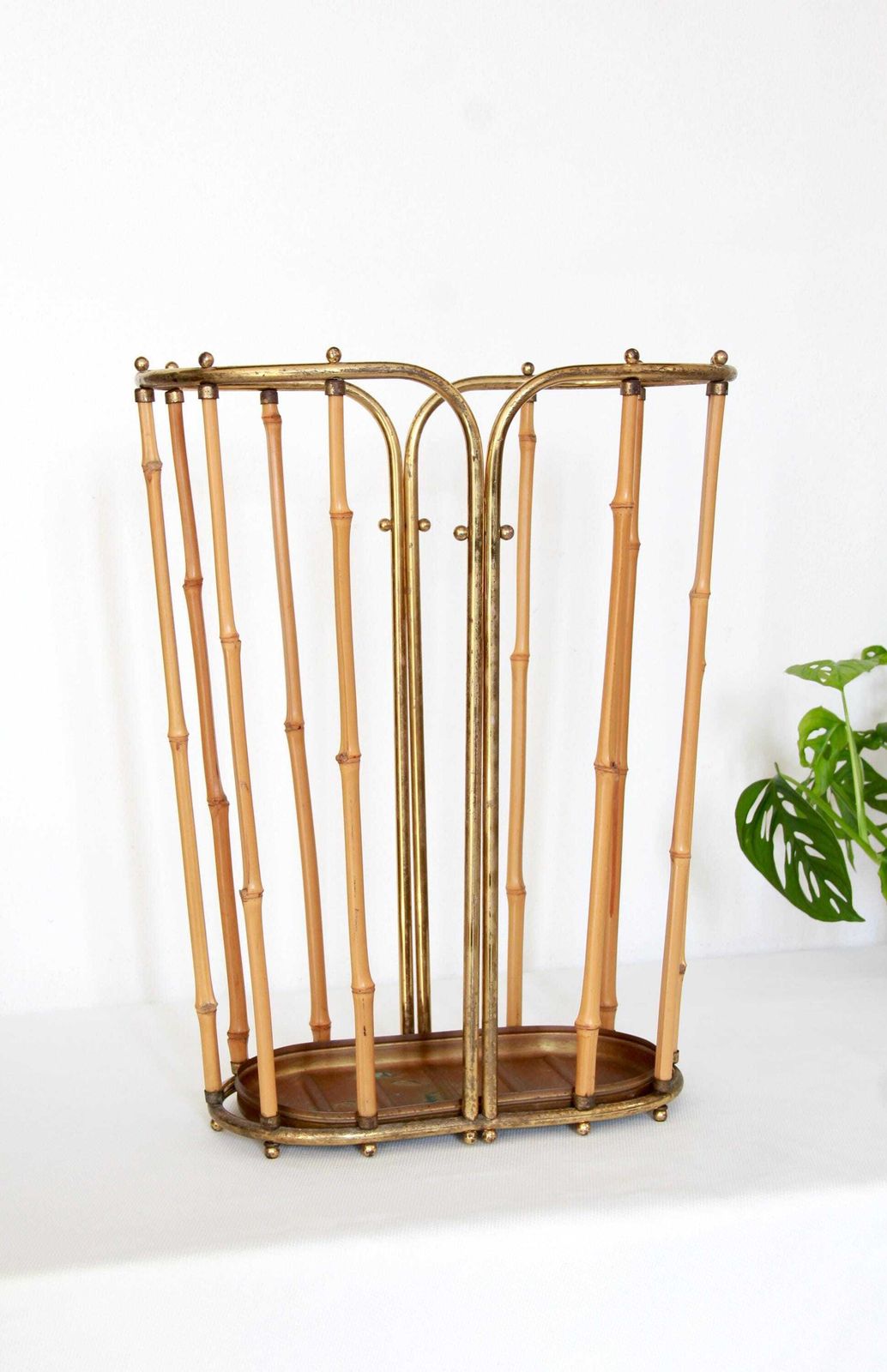 Marinella, Midcentury Modern Brass And Bamboo Umbrella Stand In The Style Of Gabriella Crespi, Italy, 1950s photo for sale
