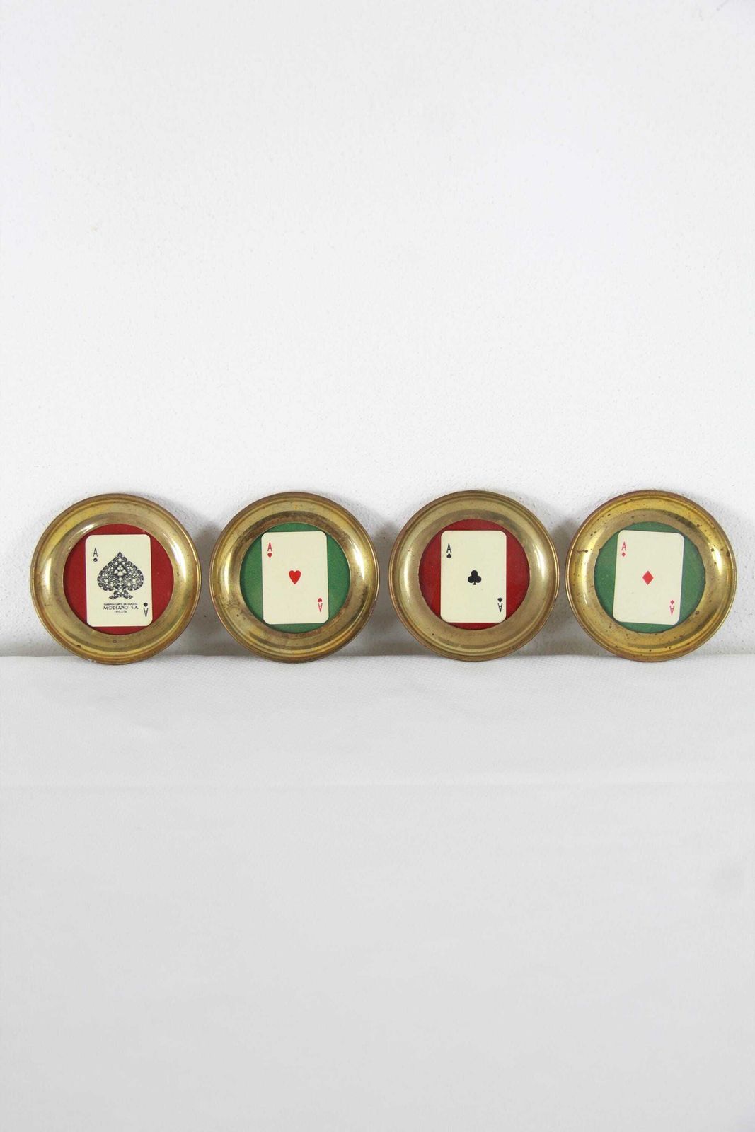 Poker D'assi, Antique Brass & Glass Coasters With Modiano Playing Cards, Italy, Set Of 4, 1950s photo 182.0