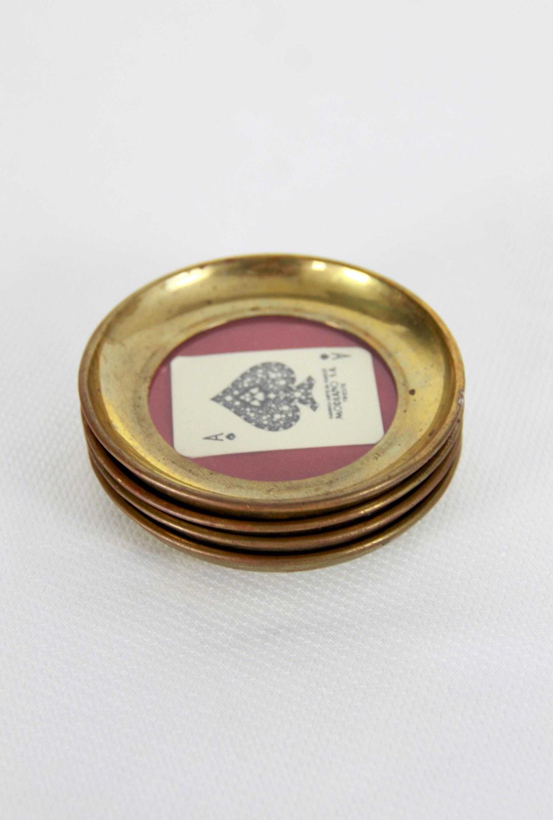Poker D'assi, Antique Brass & Glass Coasters With Modiano Playing Cards, Italy, Set Of 4, 1950s photo vinterior