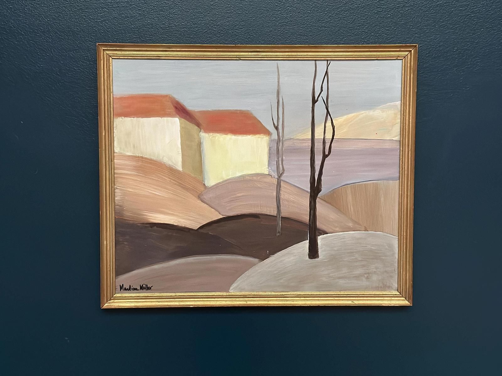 Original Swedish Oil On Panel – “Houses With Red Roofs” By Martina Möller – Contemporary – 54 × 45 Cm (21.3" × 17.7") photo for sale