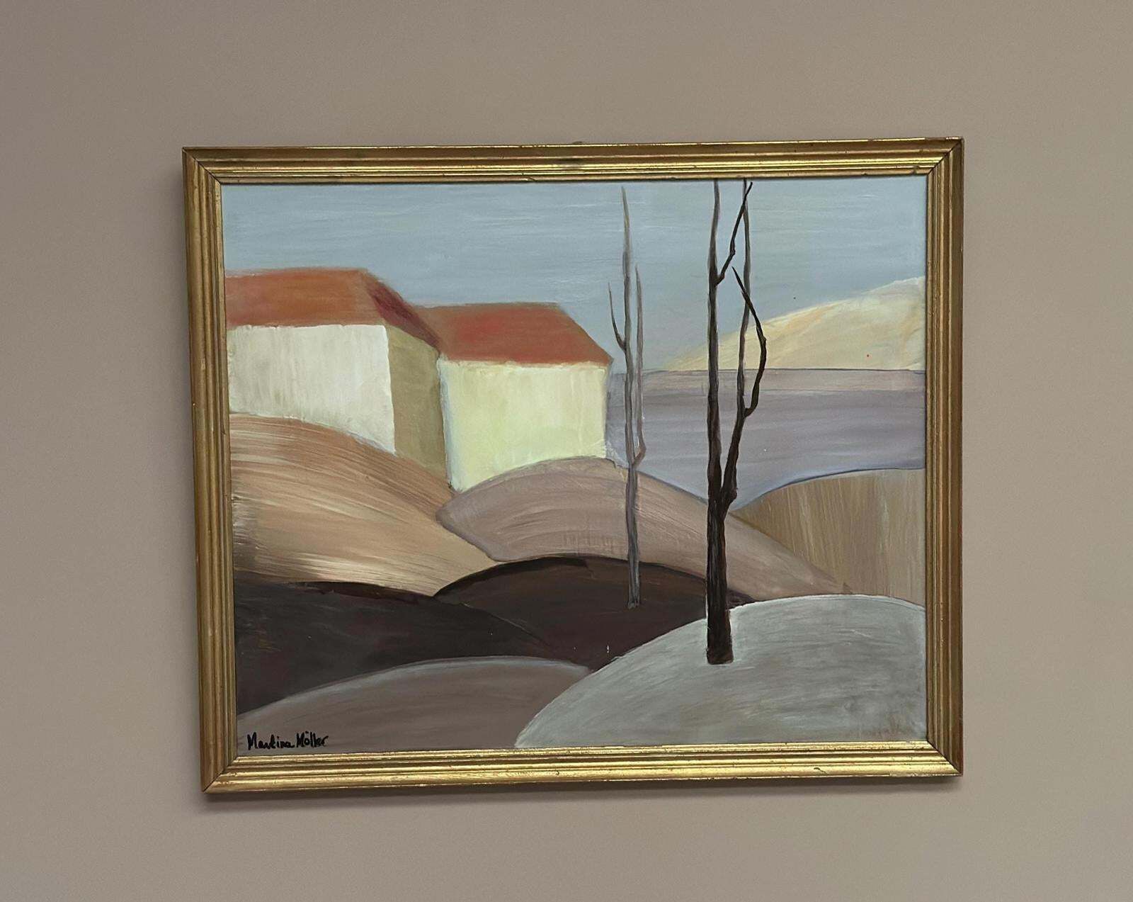 305.0 Original Swedish Oil On Panel – “Houses With Red Roofs” By Martina Möller – Contemporary – 54 × 45 Cm (21.3" × 17.7") photo