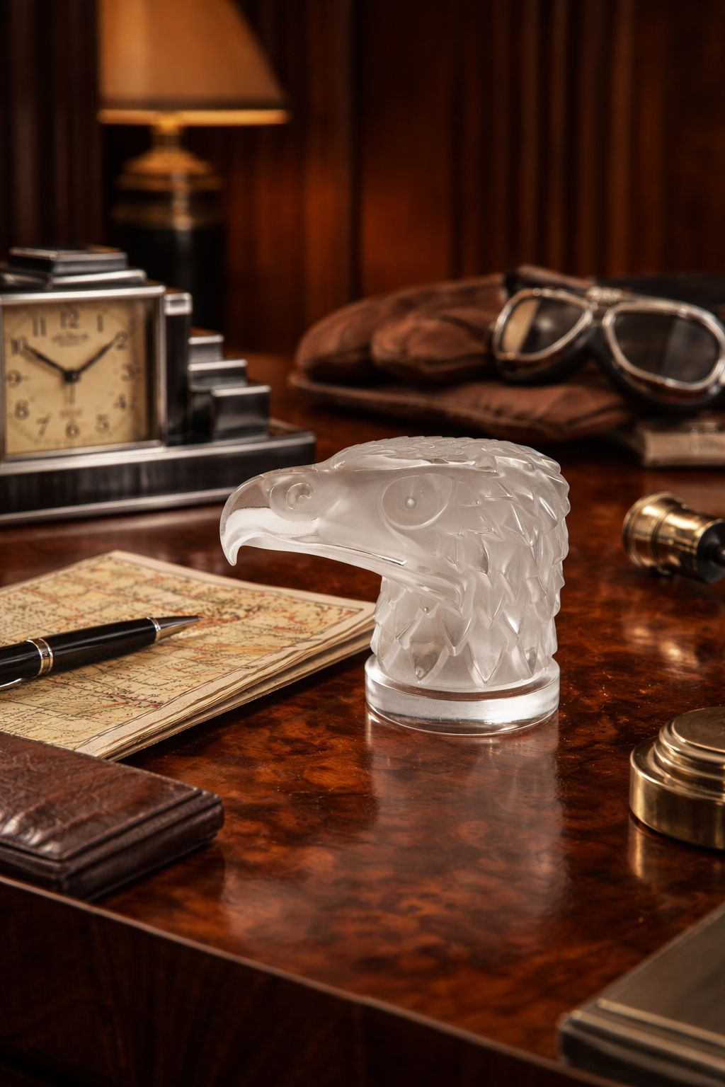 Lalique France "Eagle Head" — Frosted Crystal Eagle Head Mascot, Signed, 1980s — Art Deco, Paperweight, French Glass Figurine photo furniture