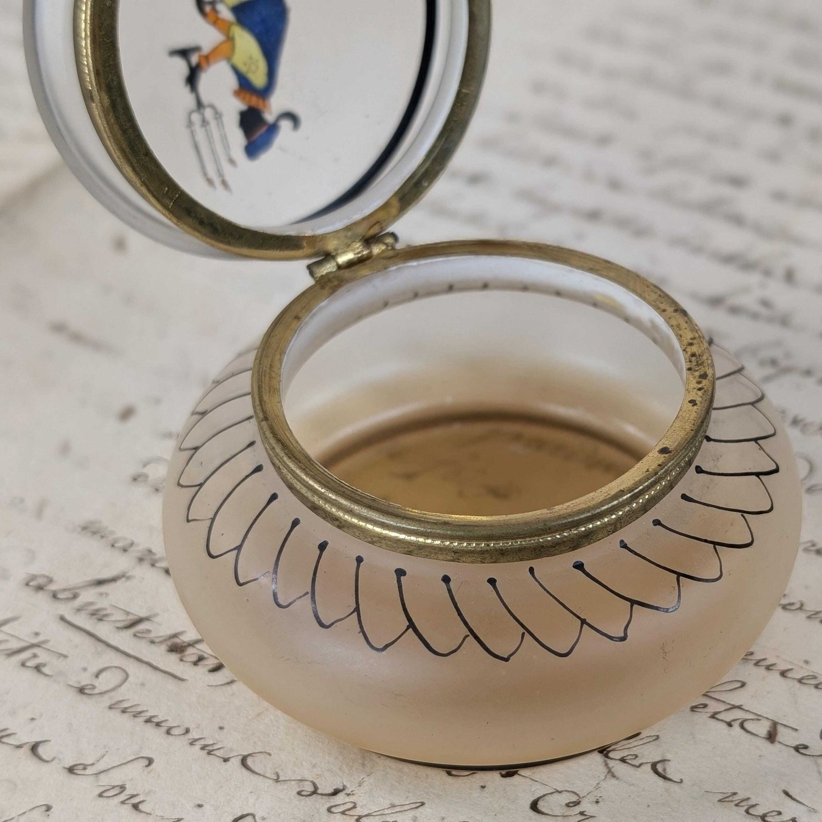 photo for sale French Frosted Glass Trinket Box, Vintage Satin Glass 1940s Silhouette Vanity Jar Hinged Pill Box