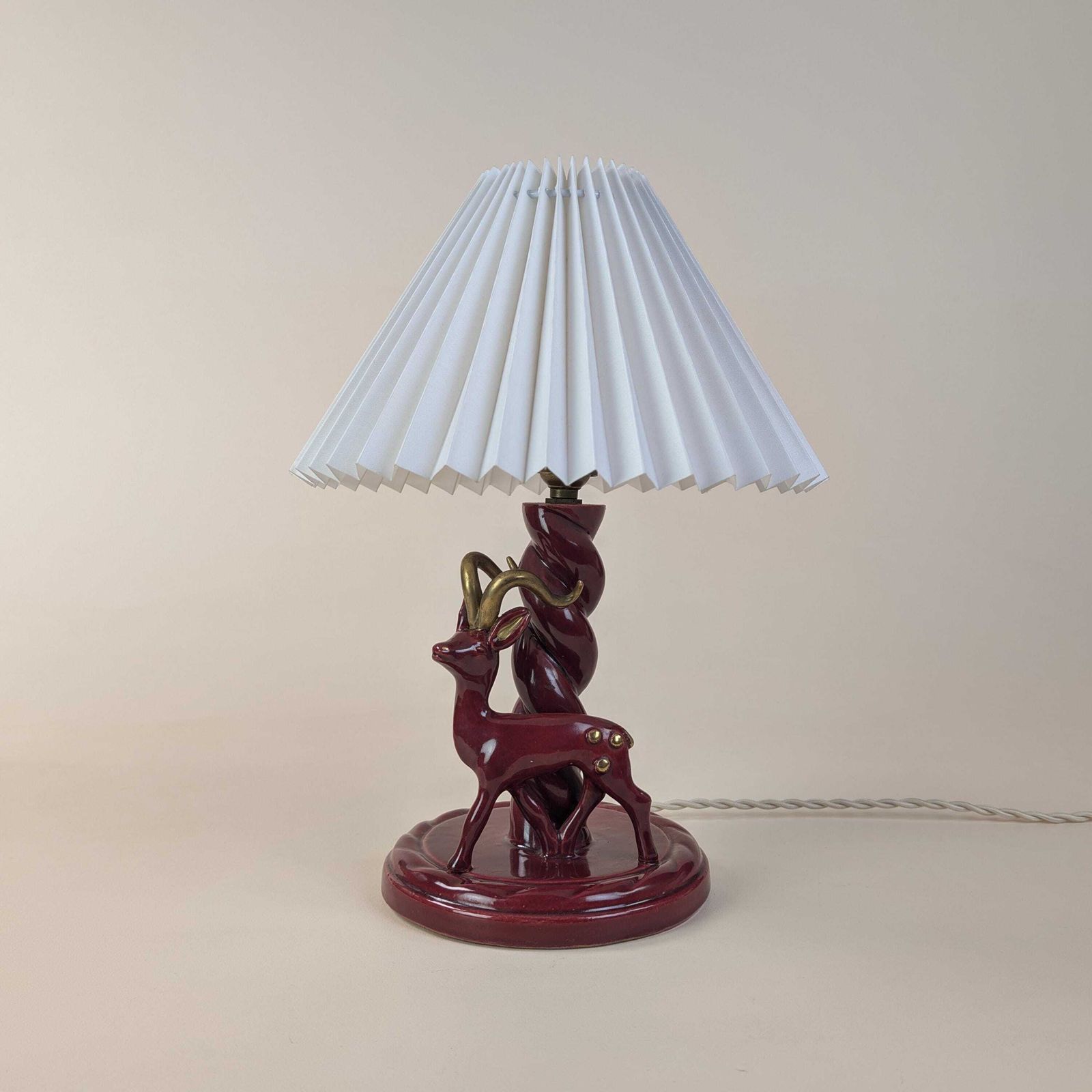 French Art Deco Burgundy Ceramic Gazelle Lamp, Gébé Paris Mid Century Table Light With Pleated Shade