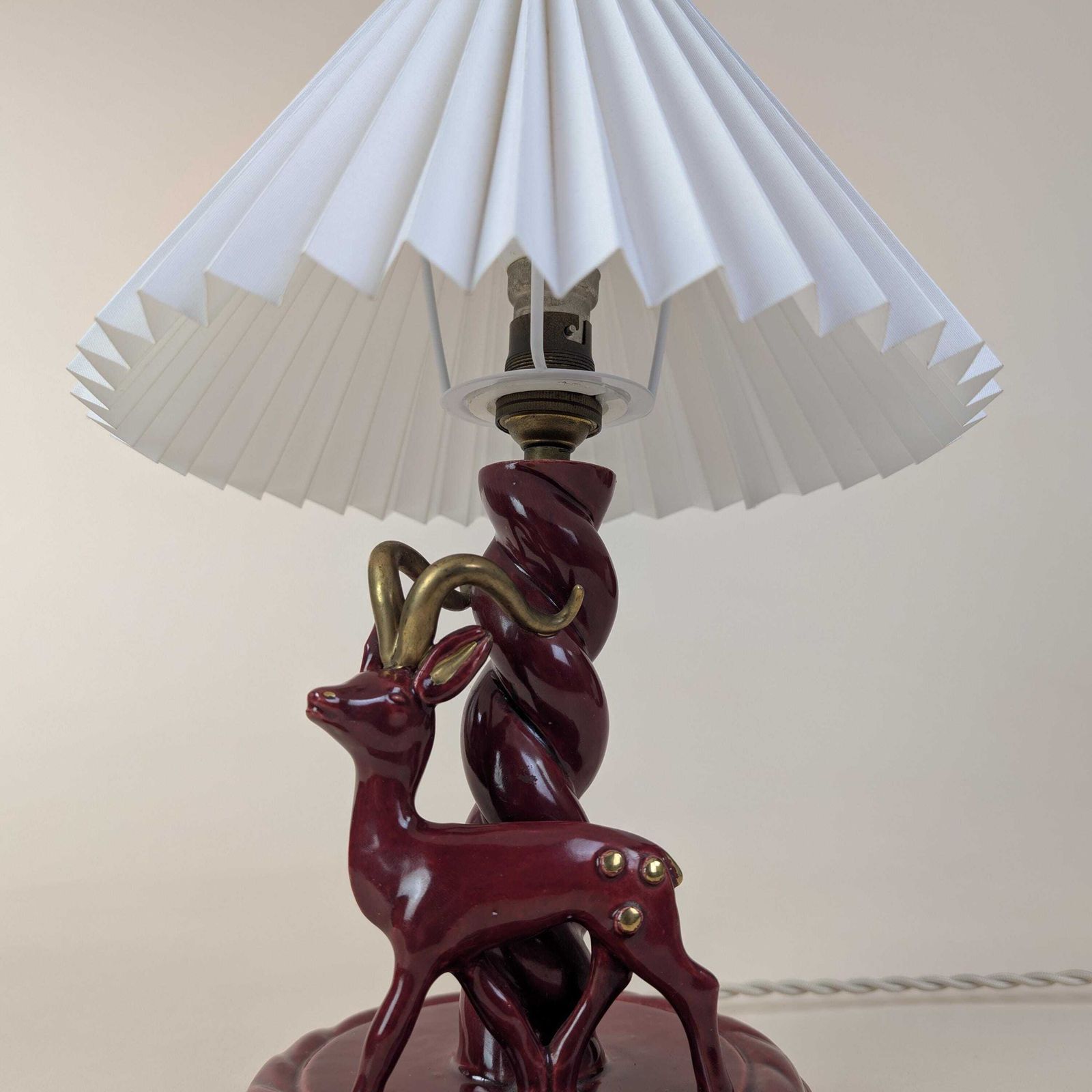 French Art Deco Burgundy Ceramic Gazelle Lamp, Gébé Paris Mid Century Table Light With Pleated Shade photo for sale