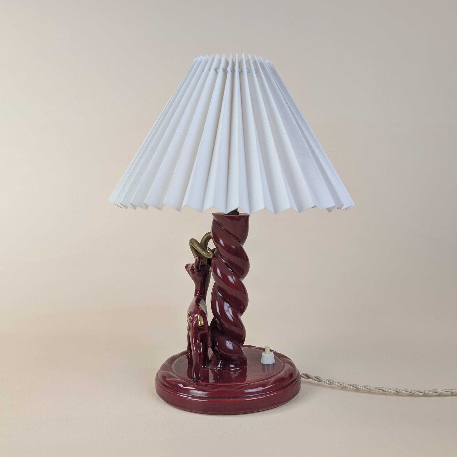 French Art Deco Burgundy Ceramic Gazelle Lamp, Gébé Paris Mid Century Table Light With Pleated Shade photo Lighting