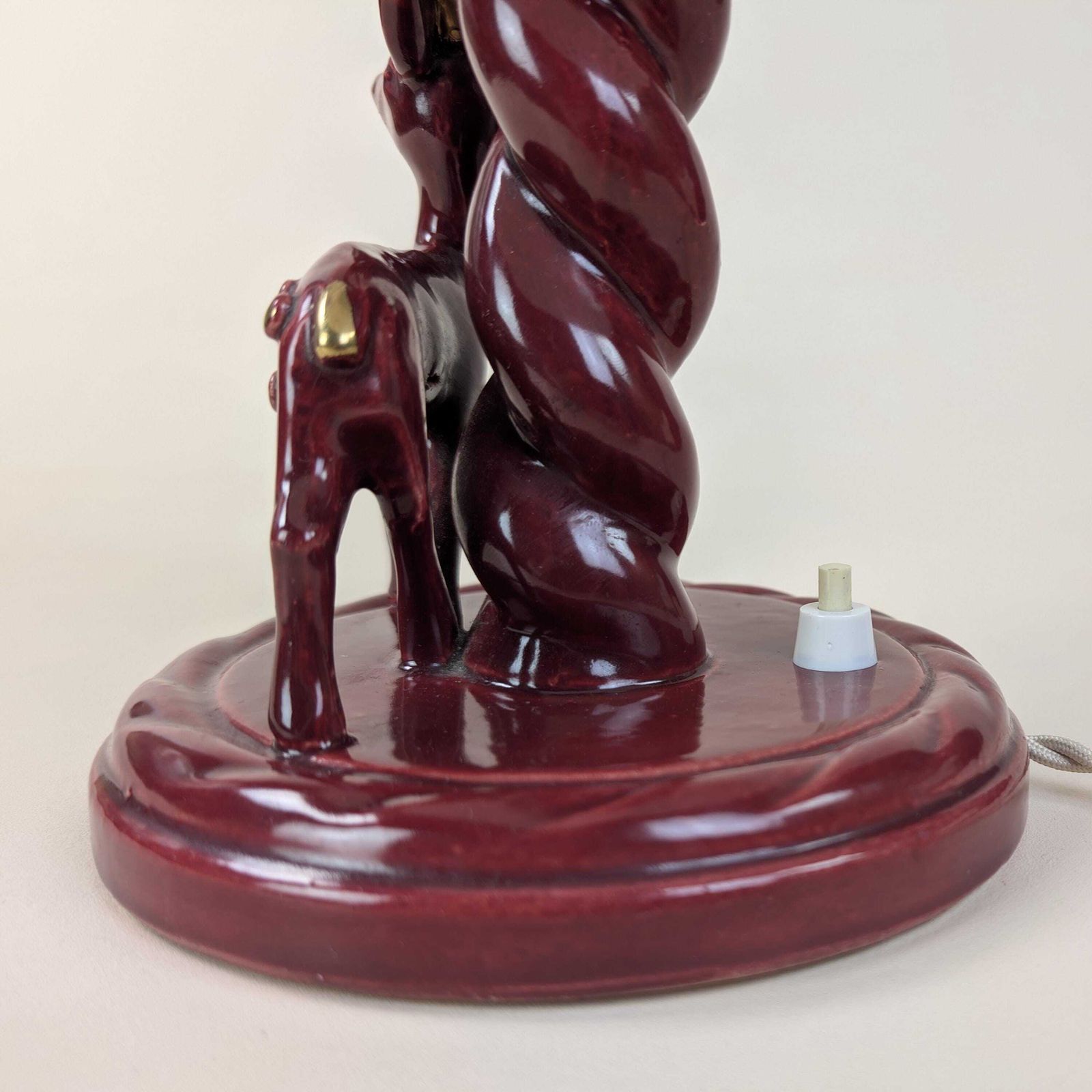 French Art Deco Burgundy Ceramic Gazelle Lamp, Gébé Paris Mid Century Table Light With Pleated Shade photo 195.0