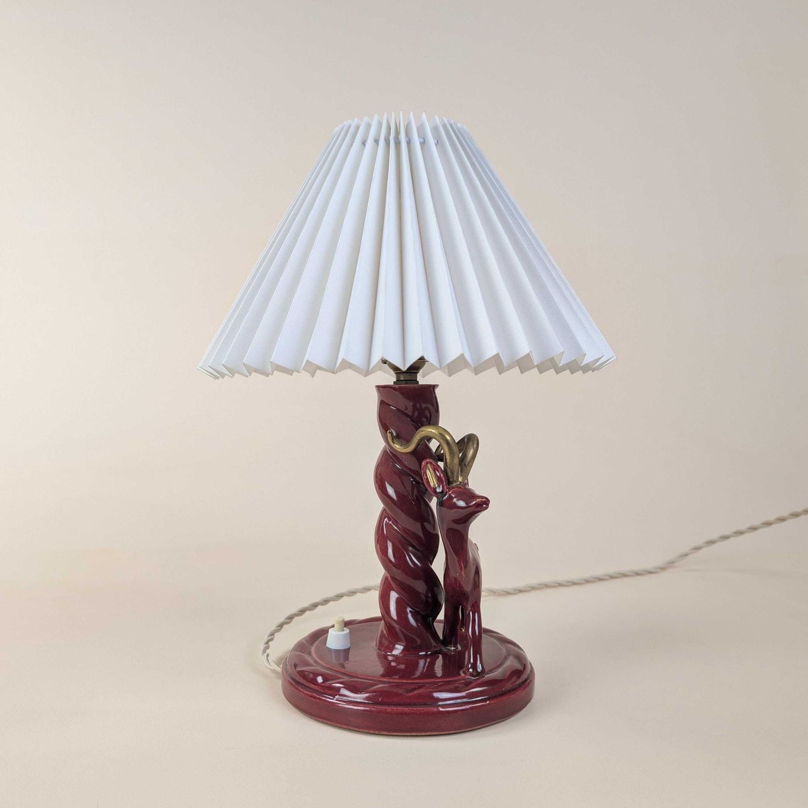 French Art Deco Burgundy Ceramic Gazelle Lamp, Gébé Paris Mid Century Table Light With Pleated Shade photo buy