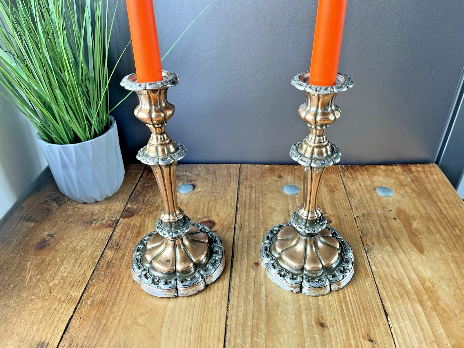 Pair Of Antique French Louis XV Style Rococo Copper & Silver Plated Candlesticks