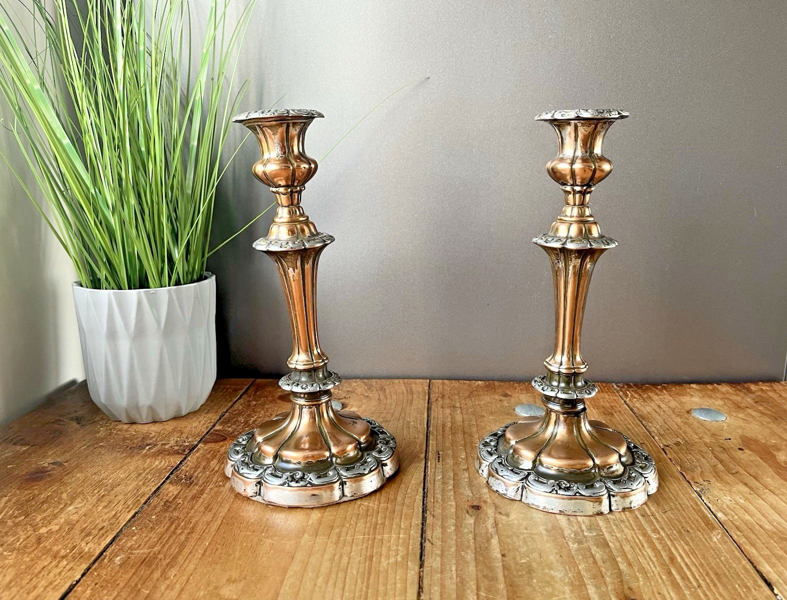 Pair Of Antique French Louis XV Style Rococo Copper & Silver Plated Candlesticks photo buy