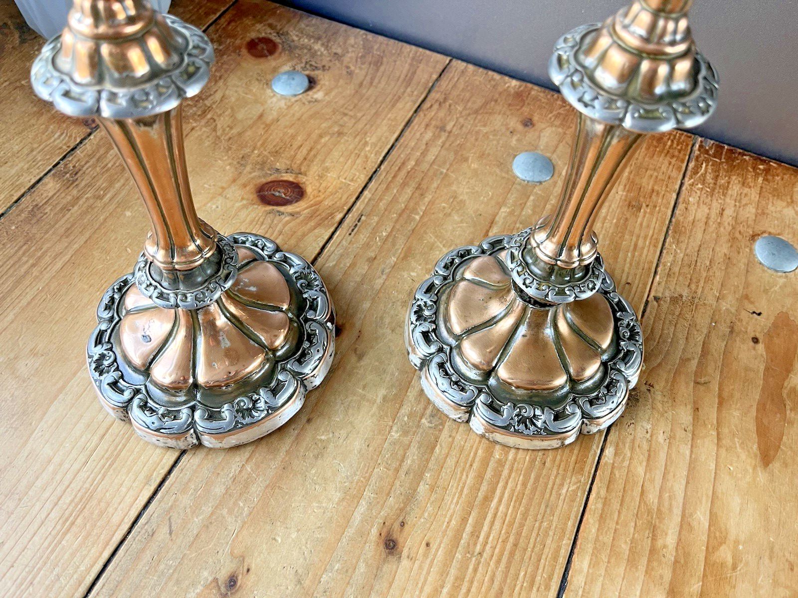 Home Decor Pair Of Antique French Louis XV Style Rococo Copper & Silver Plated Candlesticks photo