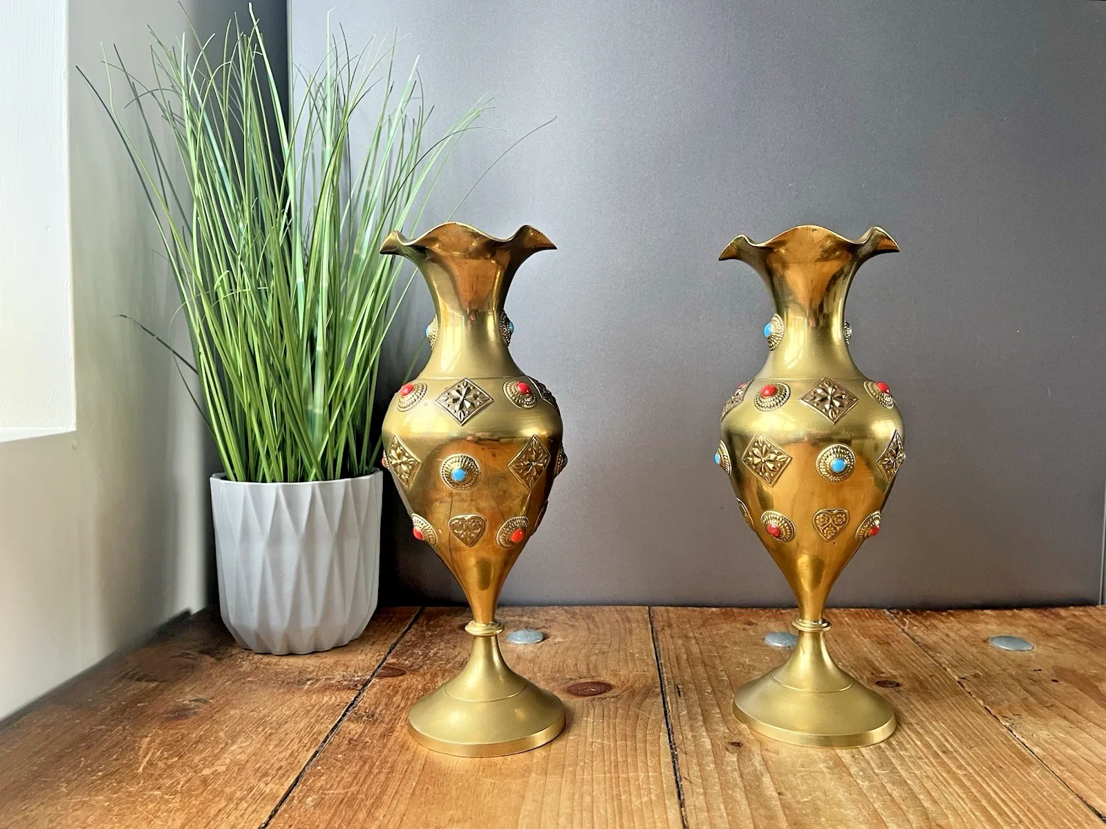 Pair Vintage 10" Indian Brass Cabochon Jewelled Middle Eastern Style Vases 60's photo vinterior