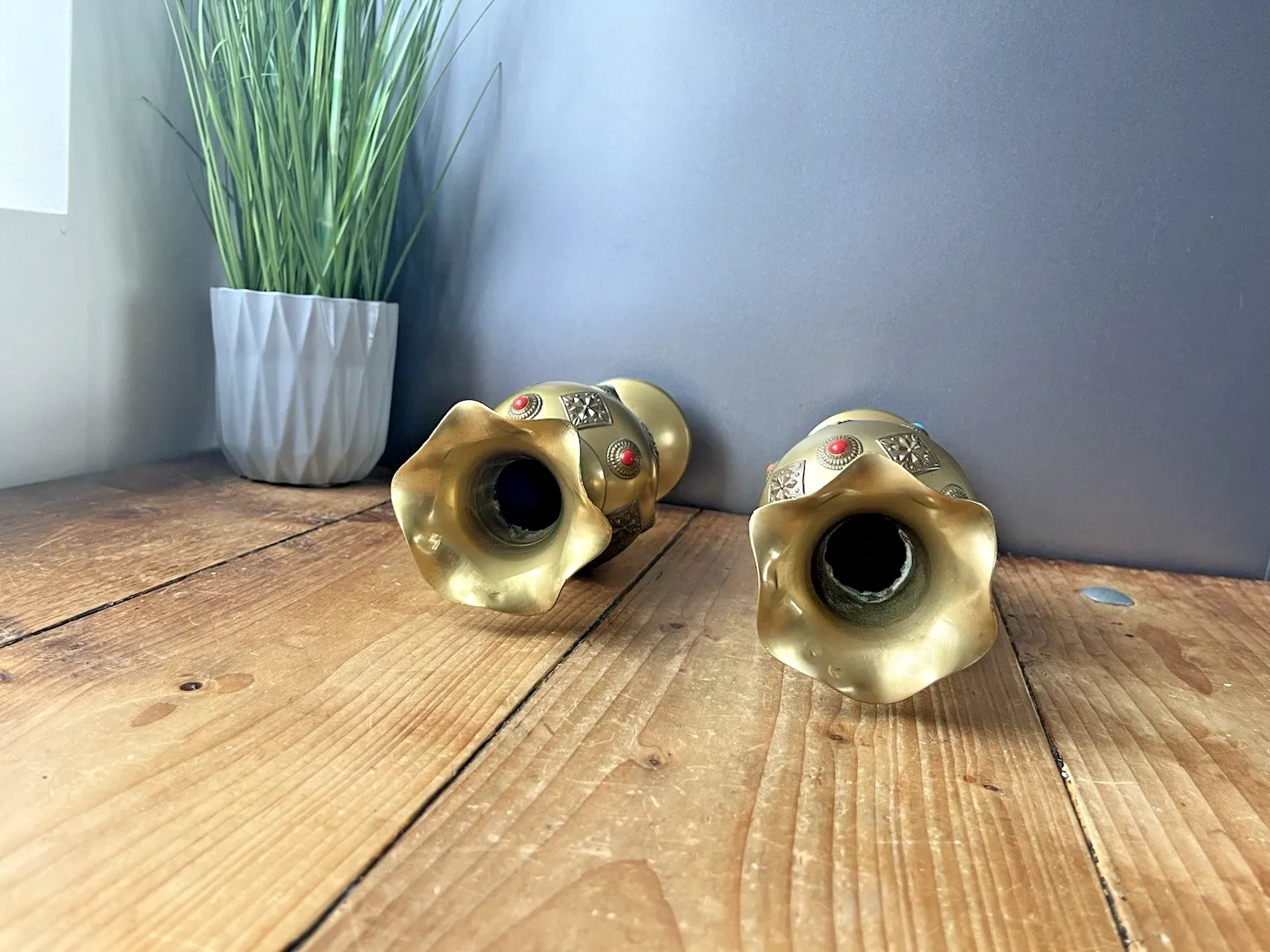 Home Decor Pair Vintage 10" Indian Brass Cabochon Jewelled Middle Eastern Style Vases 60's photo