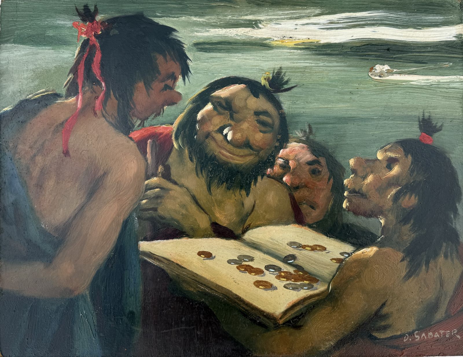 Daniel Sabater Salabert Grotesque Expressionist Figural Scene Paris Symbolist Spanish Oil Painting 1940s