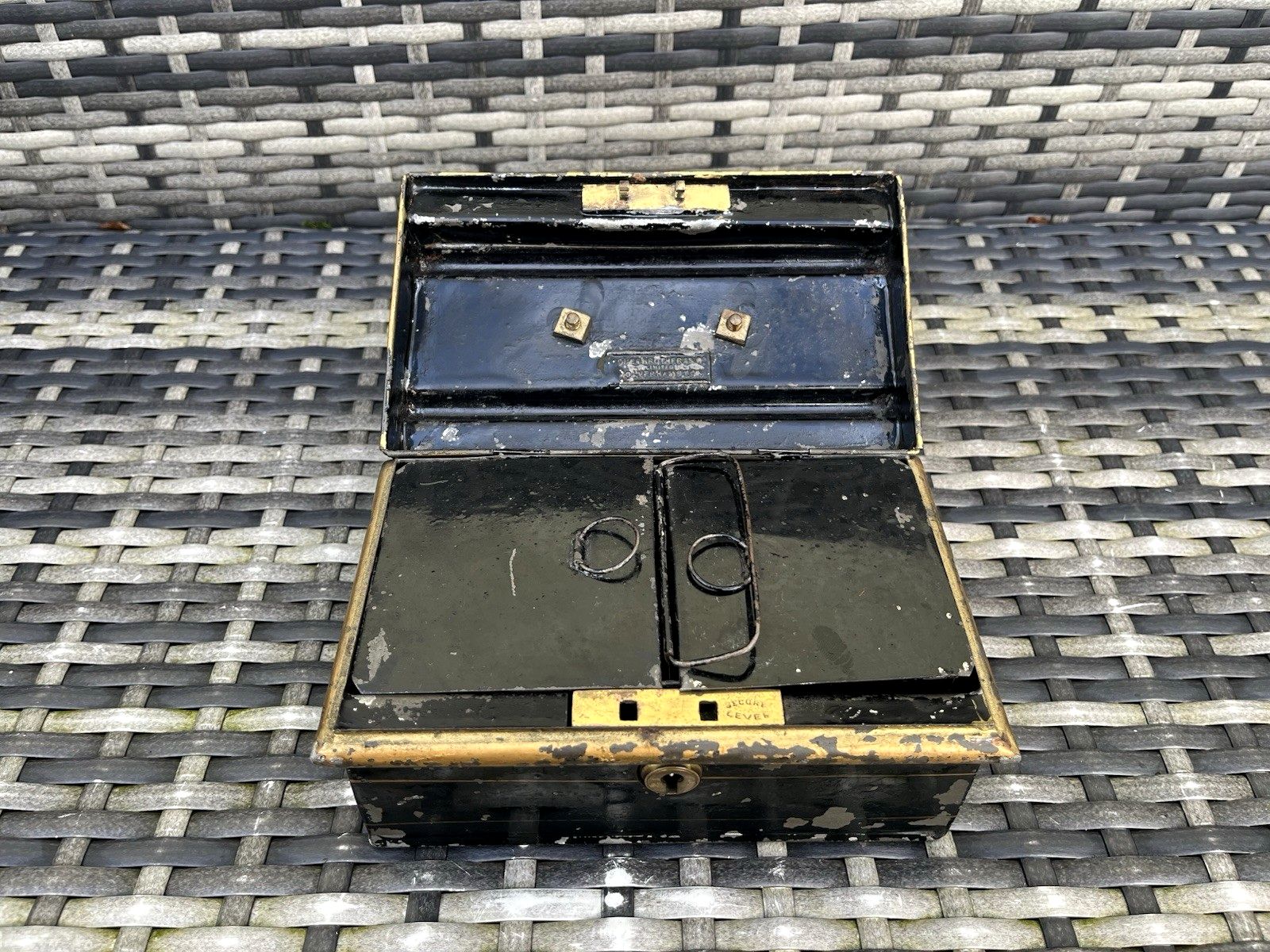 Antique Art Nouveau Jones Brothers Secure Lever Safe Cash Money Box Chest Tin photo vintage
