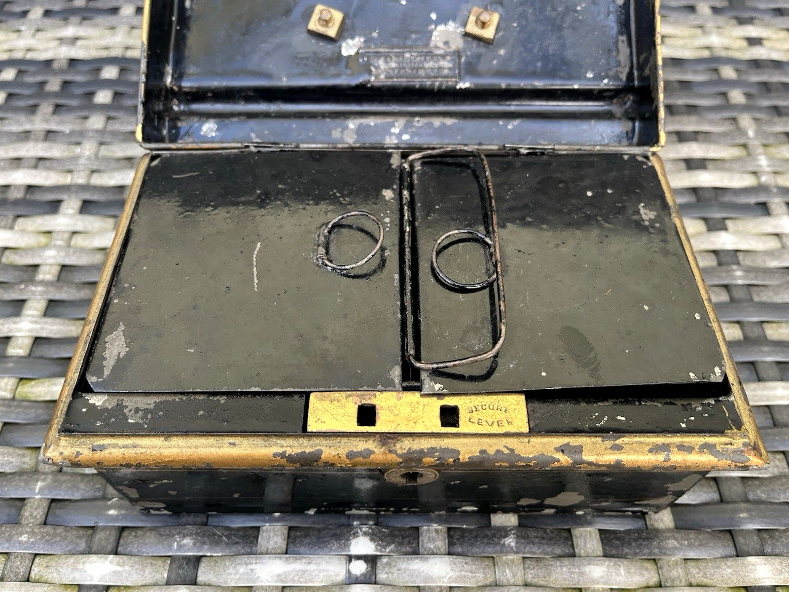 photo for sale Antique Art Nouveau Jones Brothers Secure Lever Safe Cash Money Box Chest Tin