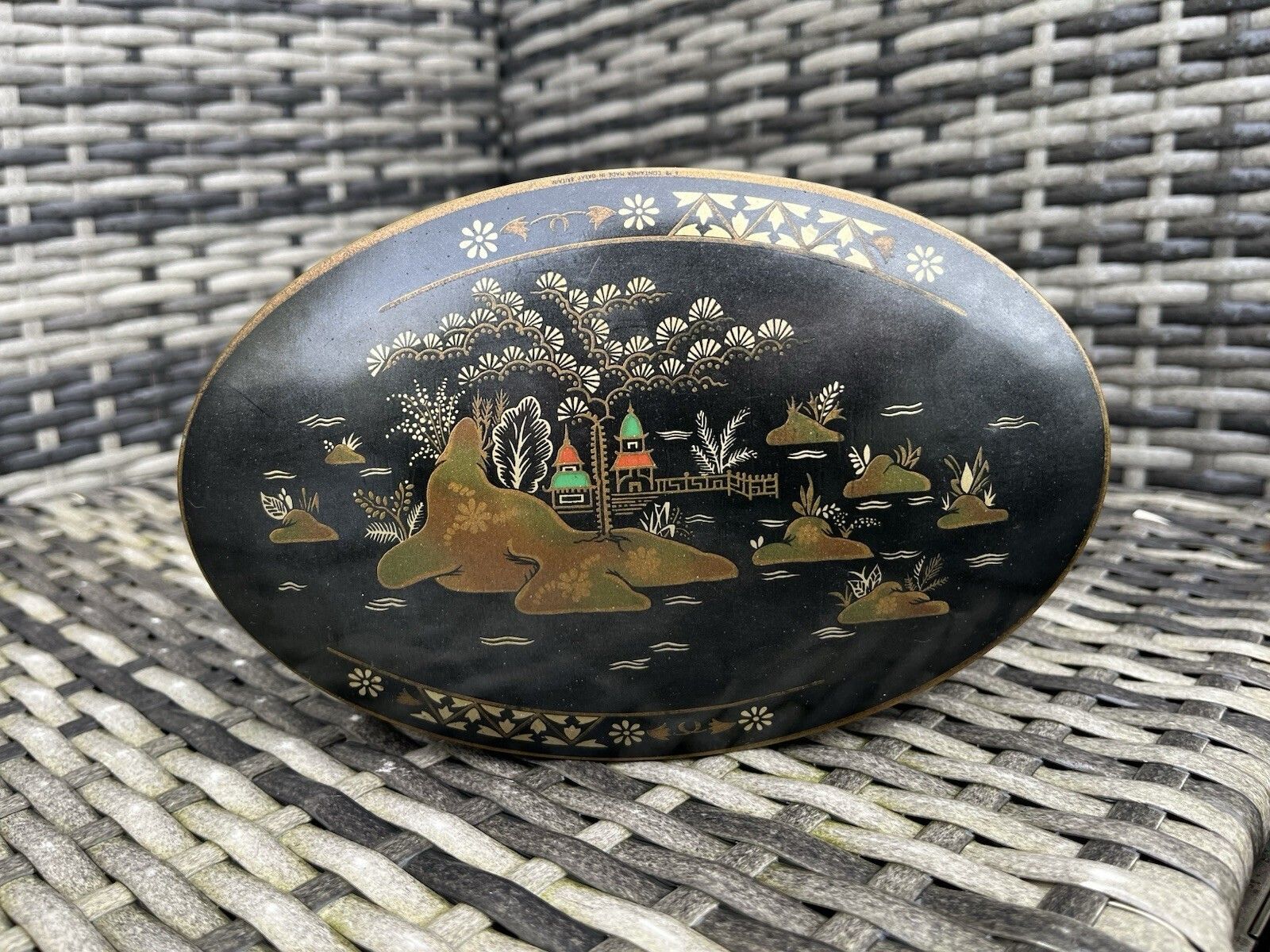 Vintage 50's British 6mb Tea Sweet Tin Box Chinoiserie Oriental Japonisme Pagoda photo Home Decor