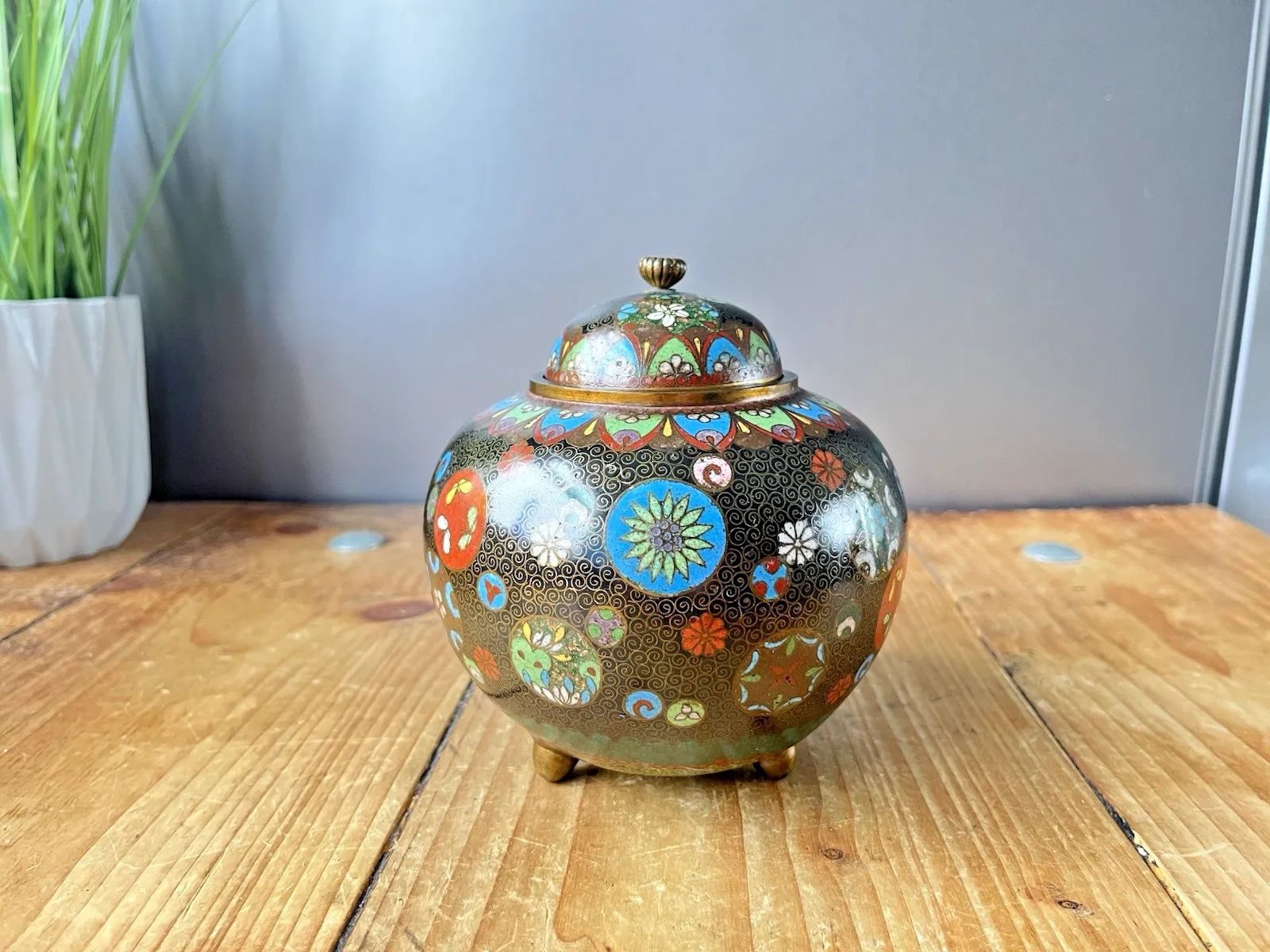 Antique Japanese Meiji Period Cloisonne Enamel Floral Lidded Ginger Spice Jar photo furniture
