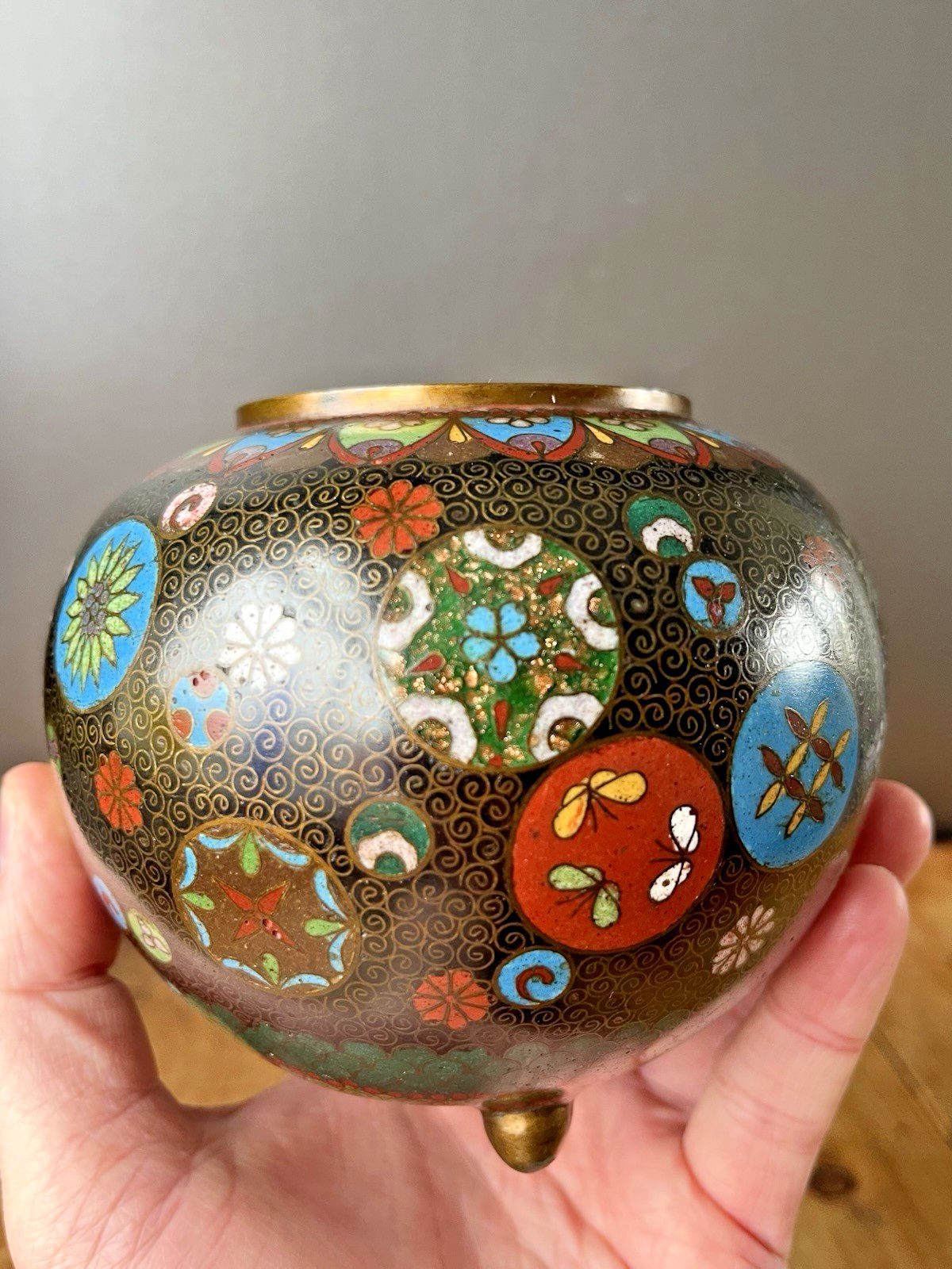 110.0 Antique Japanese Meiji Period Cloisonne Enamel Floral Lidded Ginger Spice Jar photo
