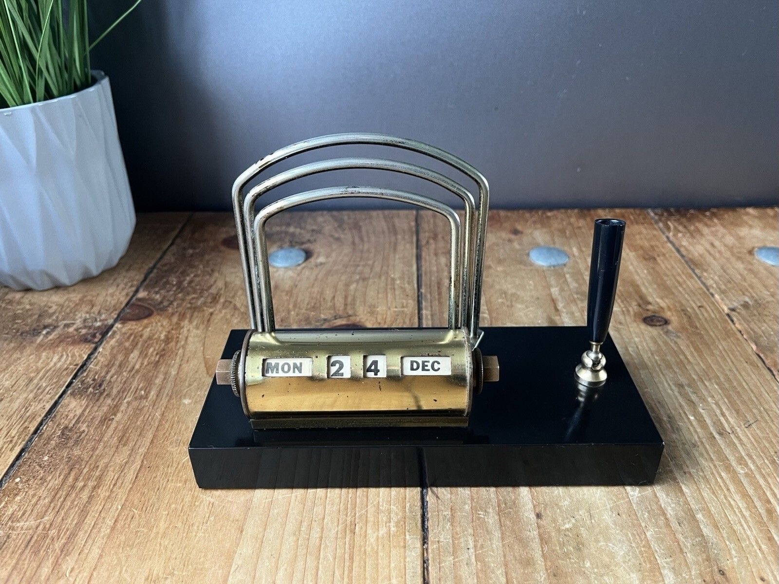 Art Deco Brass Marble Base Perpetual Desk Calendar Letter Rack Pen Holder Office photo vintage