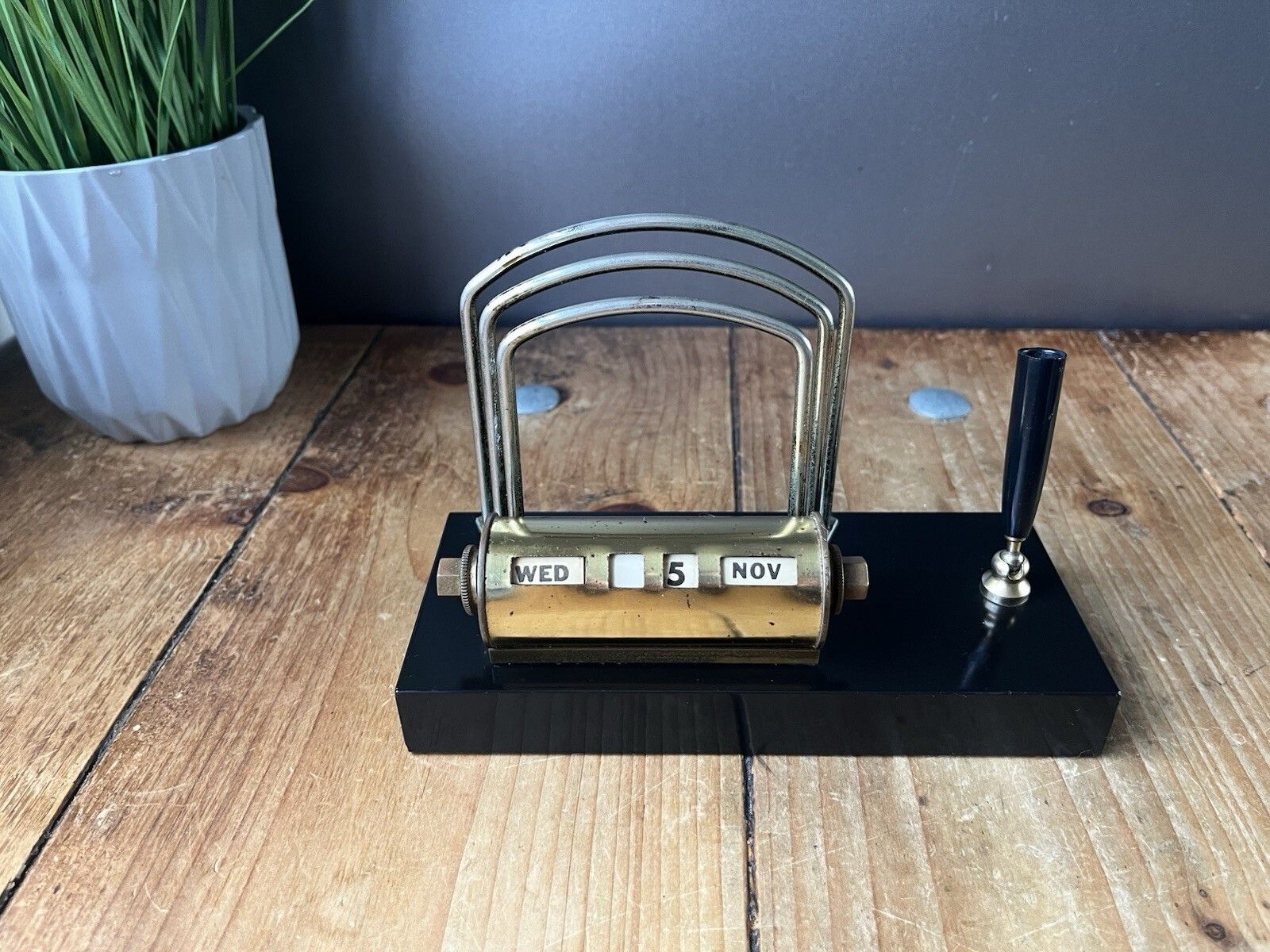 photo for sale Art Deco Brass Marble Base Perpetual Desk Calendar Letter Rack Pen Holder Office