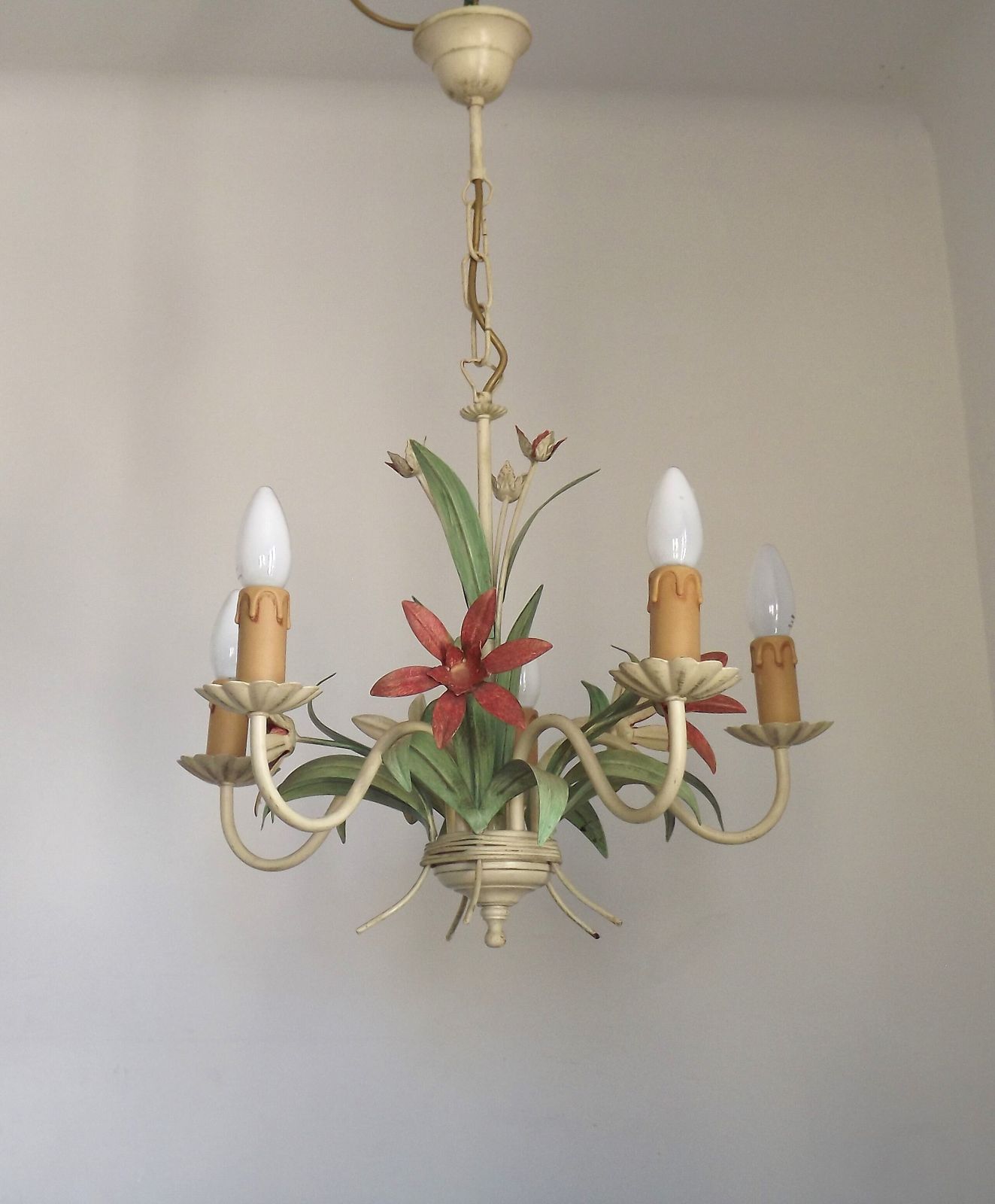 5 Light Vintage Italian Chandelier, Mathias Toleware Bouquet, Pink Flowers